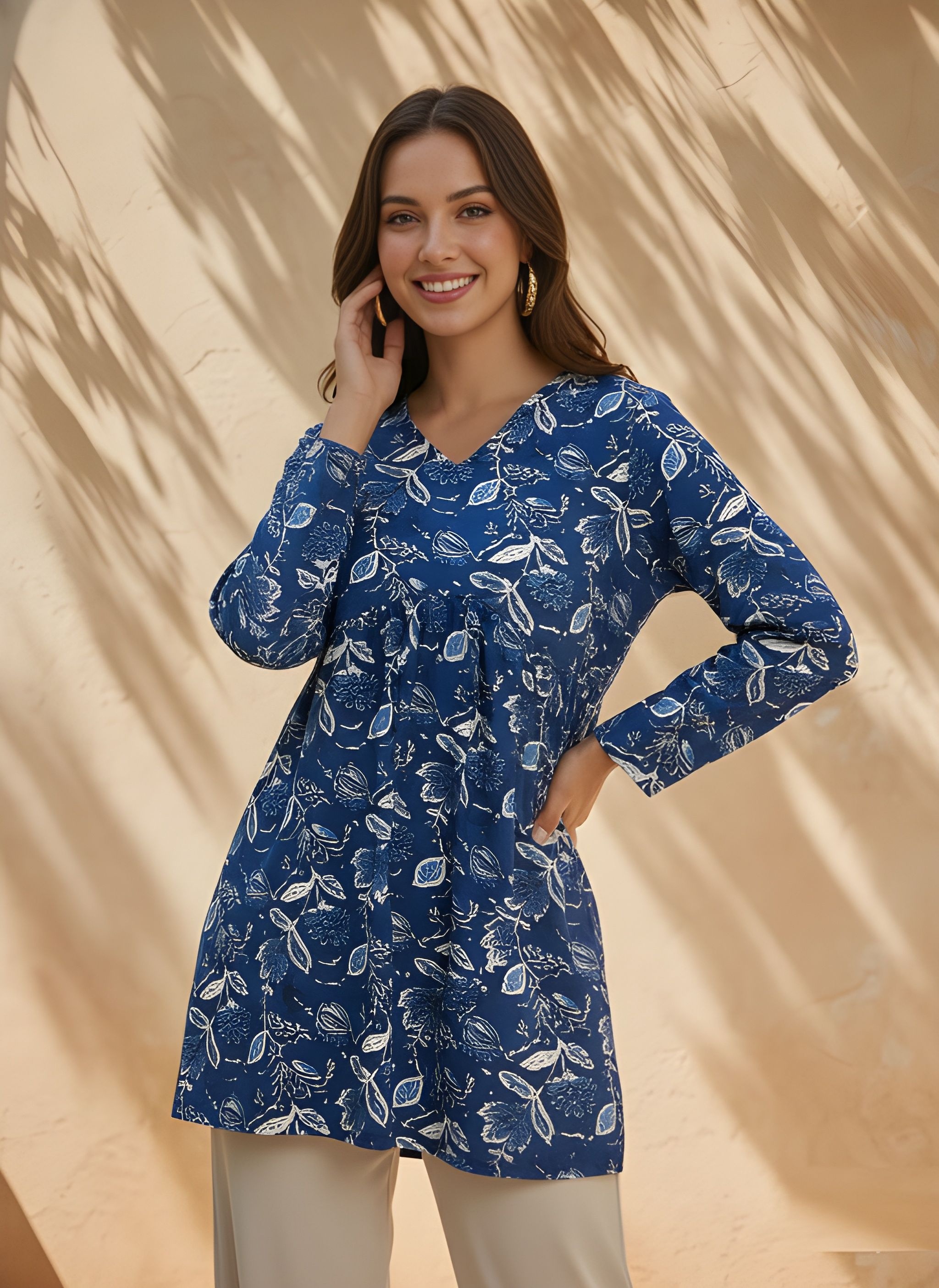 Blue Printed Rayon A-Line Kurti