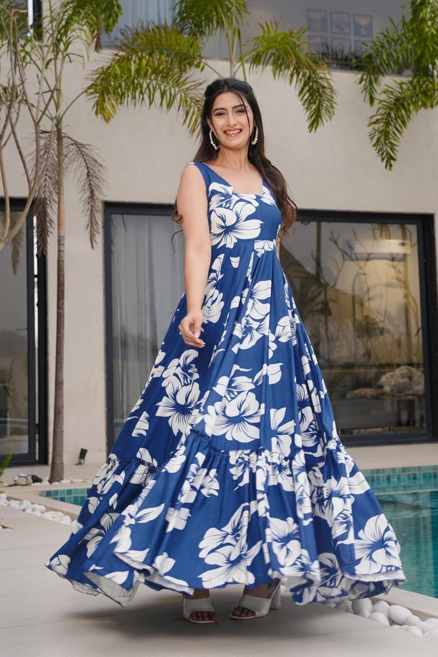 Blue Printed Rayon Gown