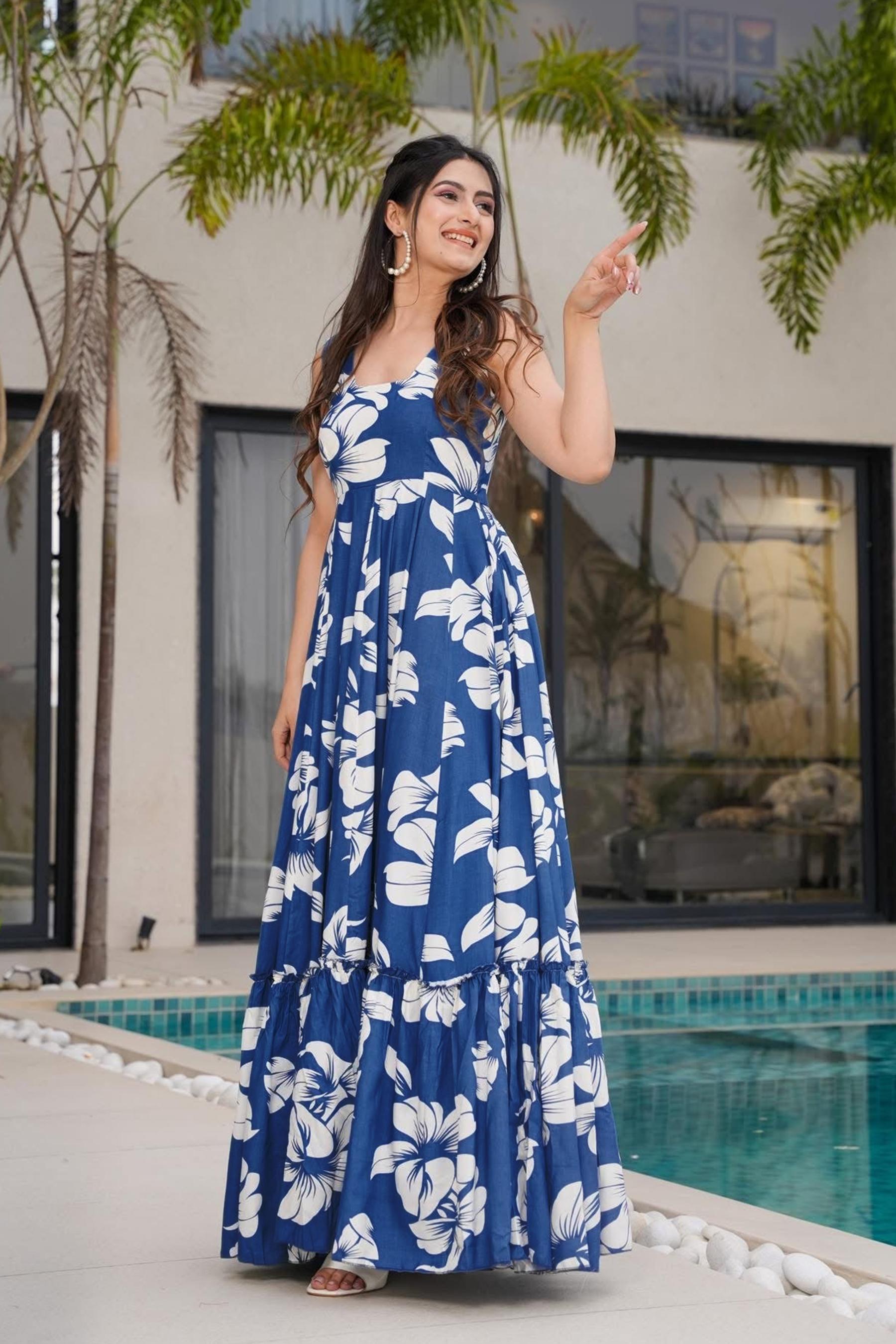 Blue Printed Rayon Gown