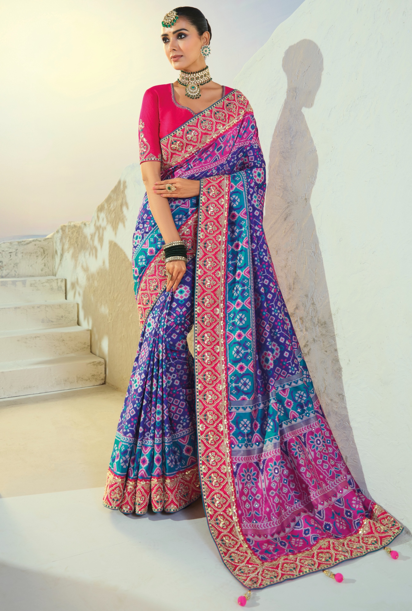 Blue Rani Pink Patola Mirrorwork Pure Patan Saree