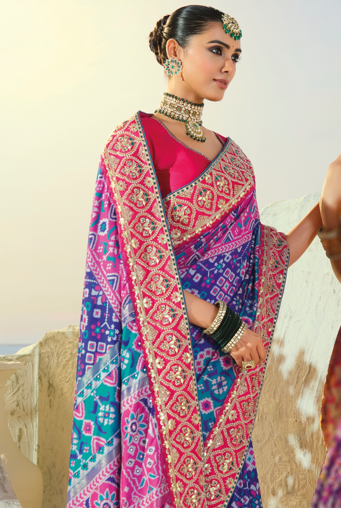 Blue Rani Pink Patola Mirrorwork Pure Patan Saree — alternate view