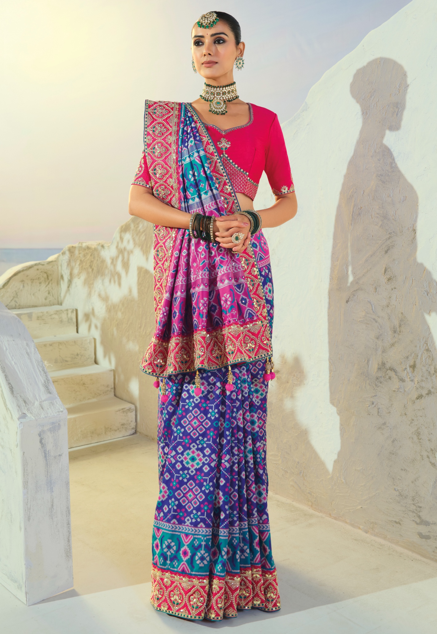 Blue Rani Pink Patola Mirrorwork Pure Patan Saree