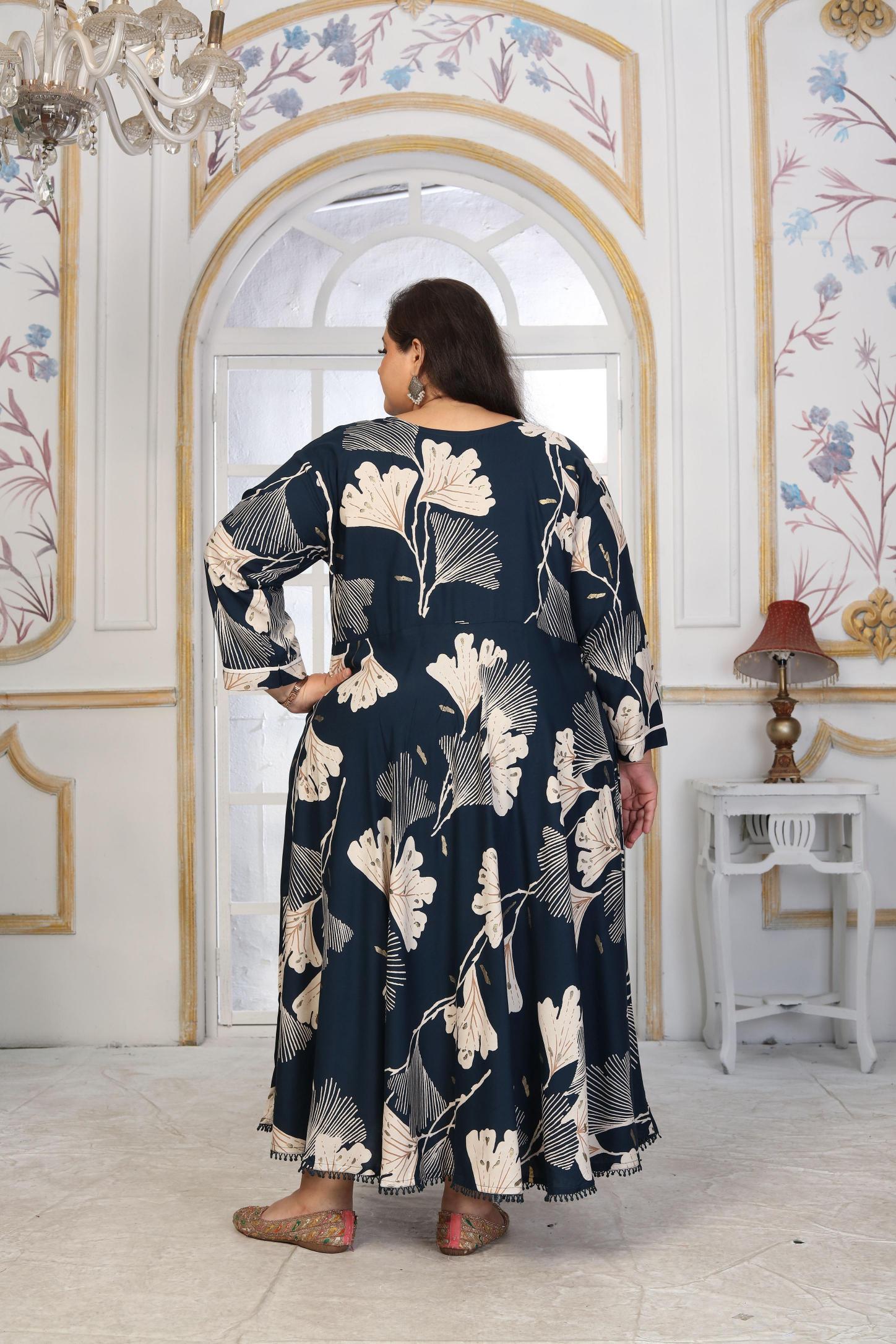 Blue Rayon Designer Printed Long Kurti — alternate view