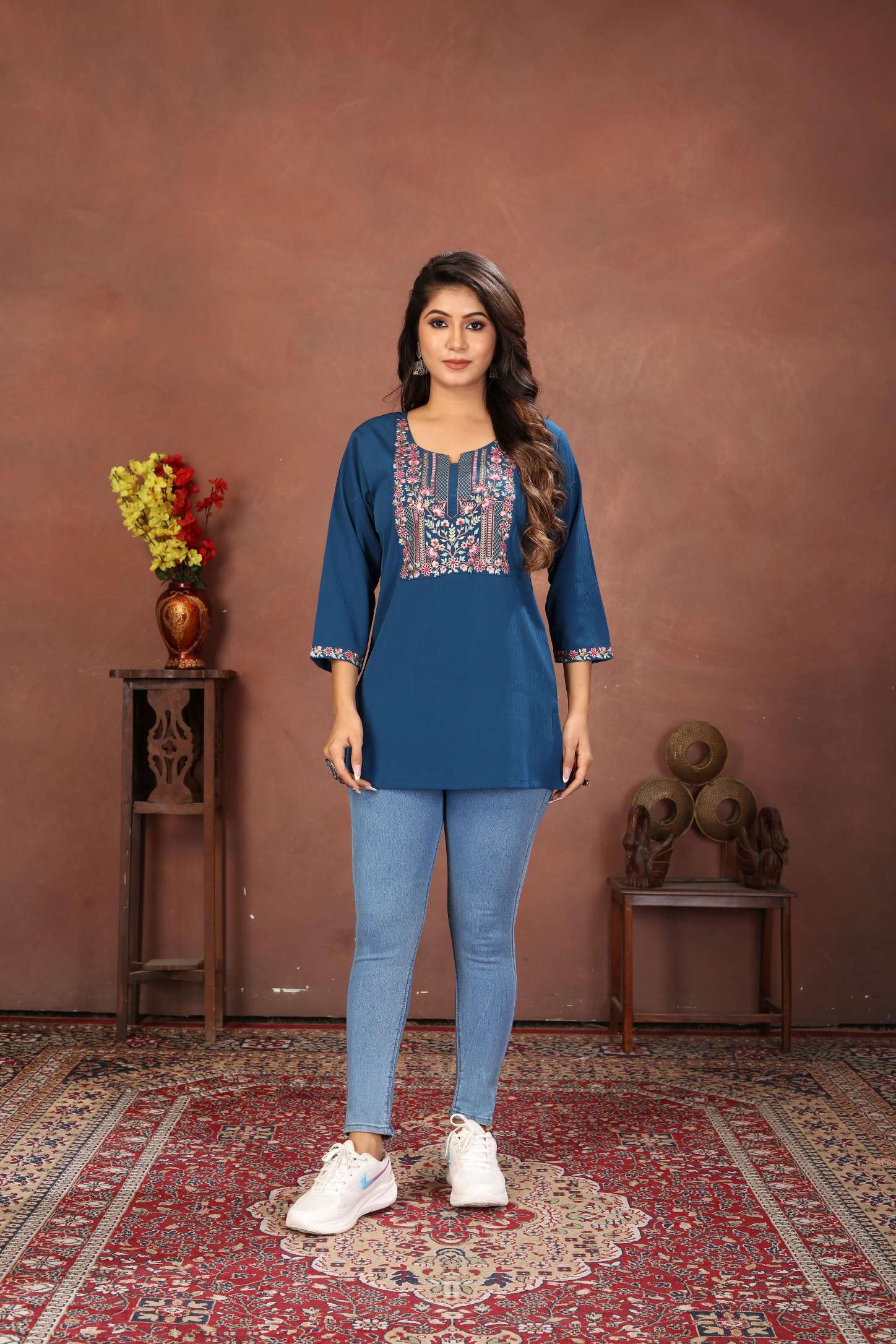 Blue Rinkal Cotton Embroidered Short Kurti