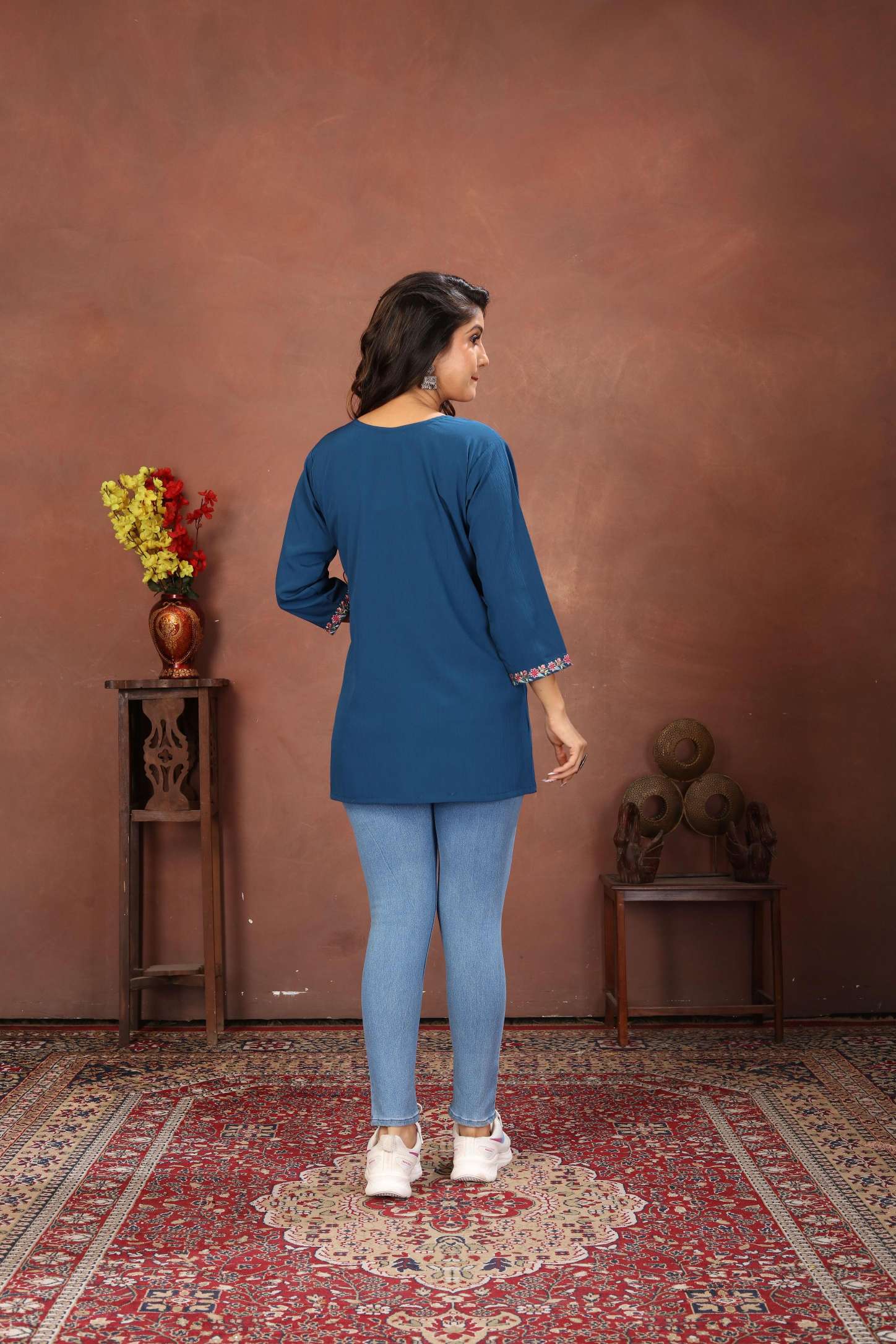 Blue Rinkal Cotton Embroidered Short Kurti — alternate view