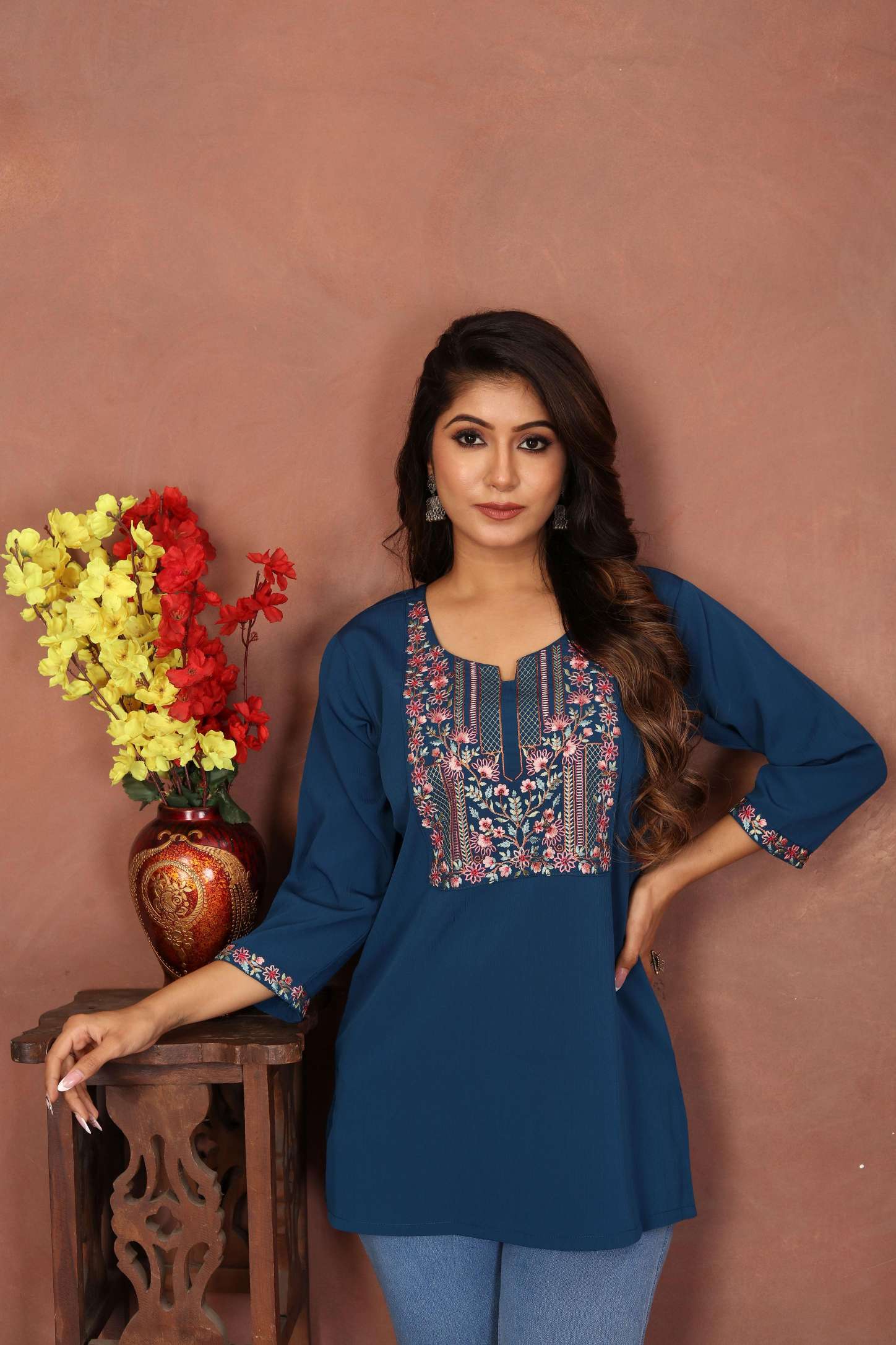 Blue Rinkal Cotton Embroidered Short Kurti