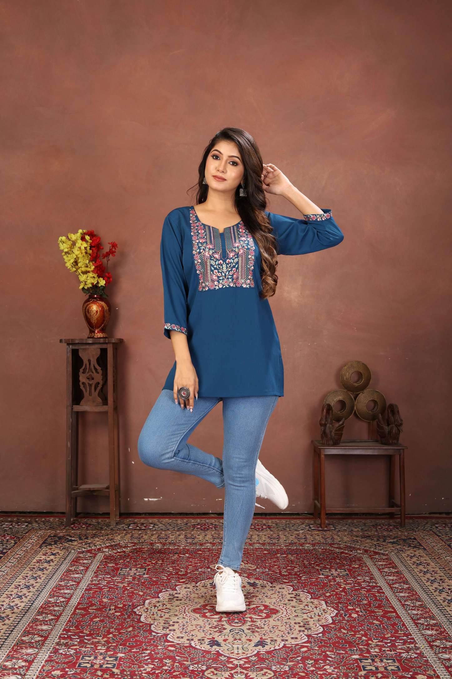 Blue Rinkal Cotton Embroidered Short Kurti