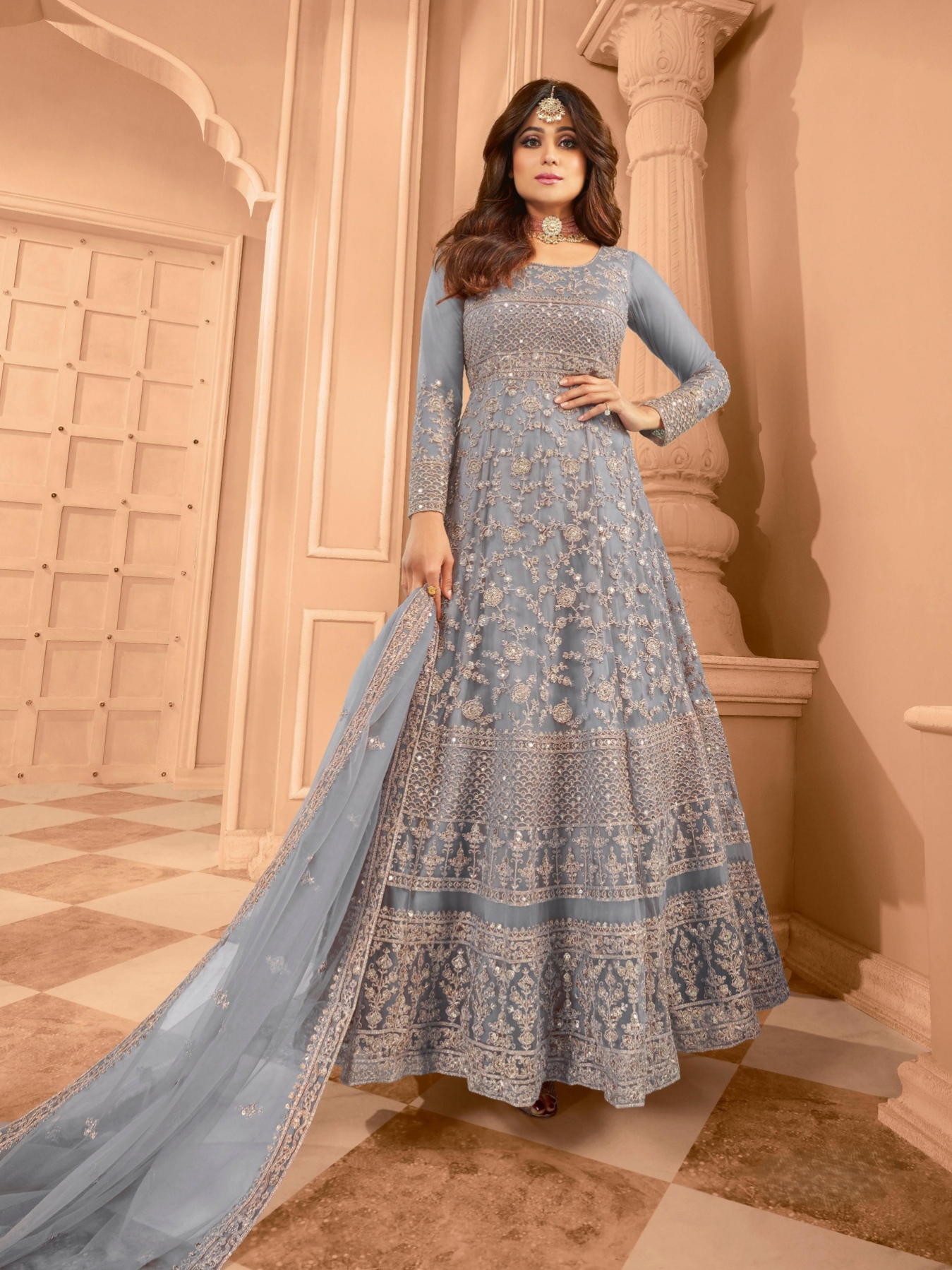Blue Sequance Net Anarkali Suit