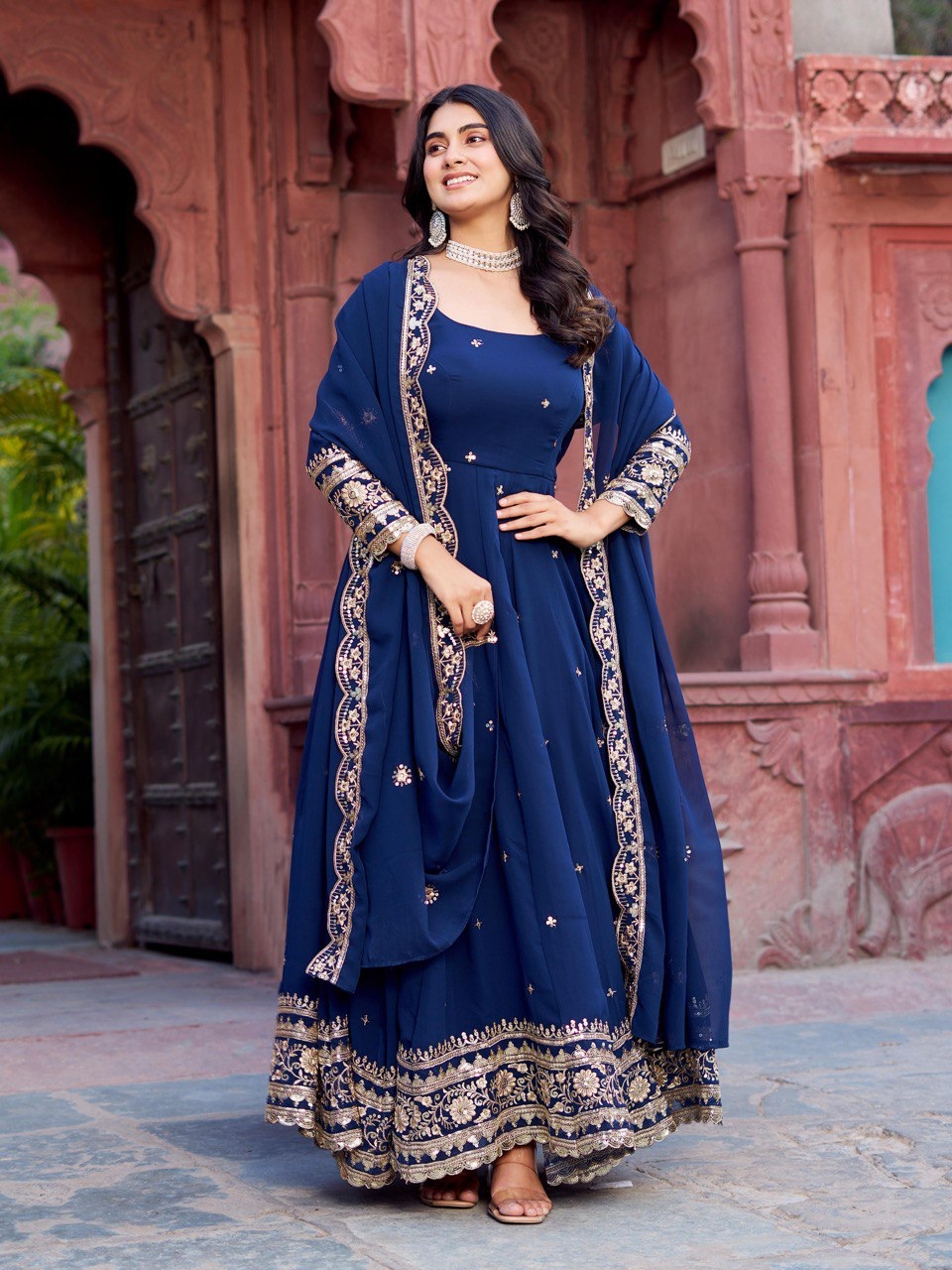 Blue Sequinsd Georgette Anarkali Suit