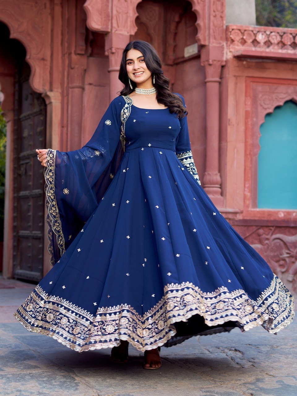 Blue Sequinsd Georgette Anarkali Suit
