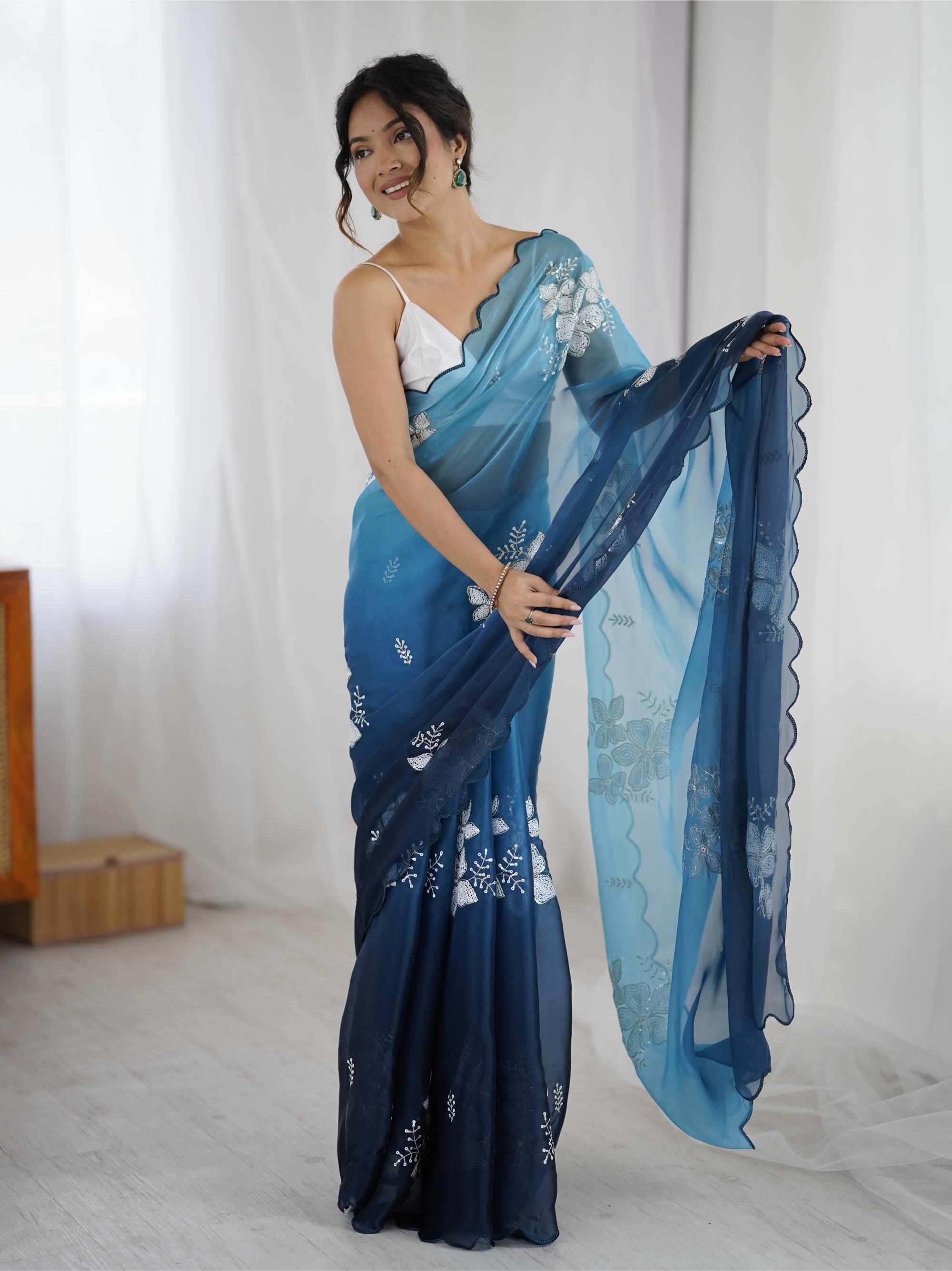 Blue Sequins Embroidered Jimmy Choo Saree