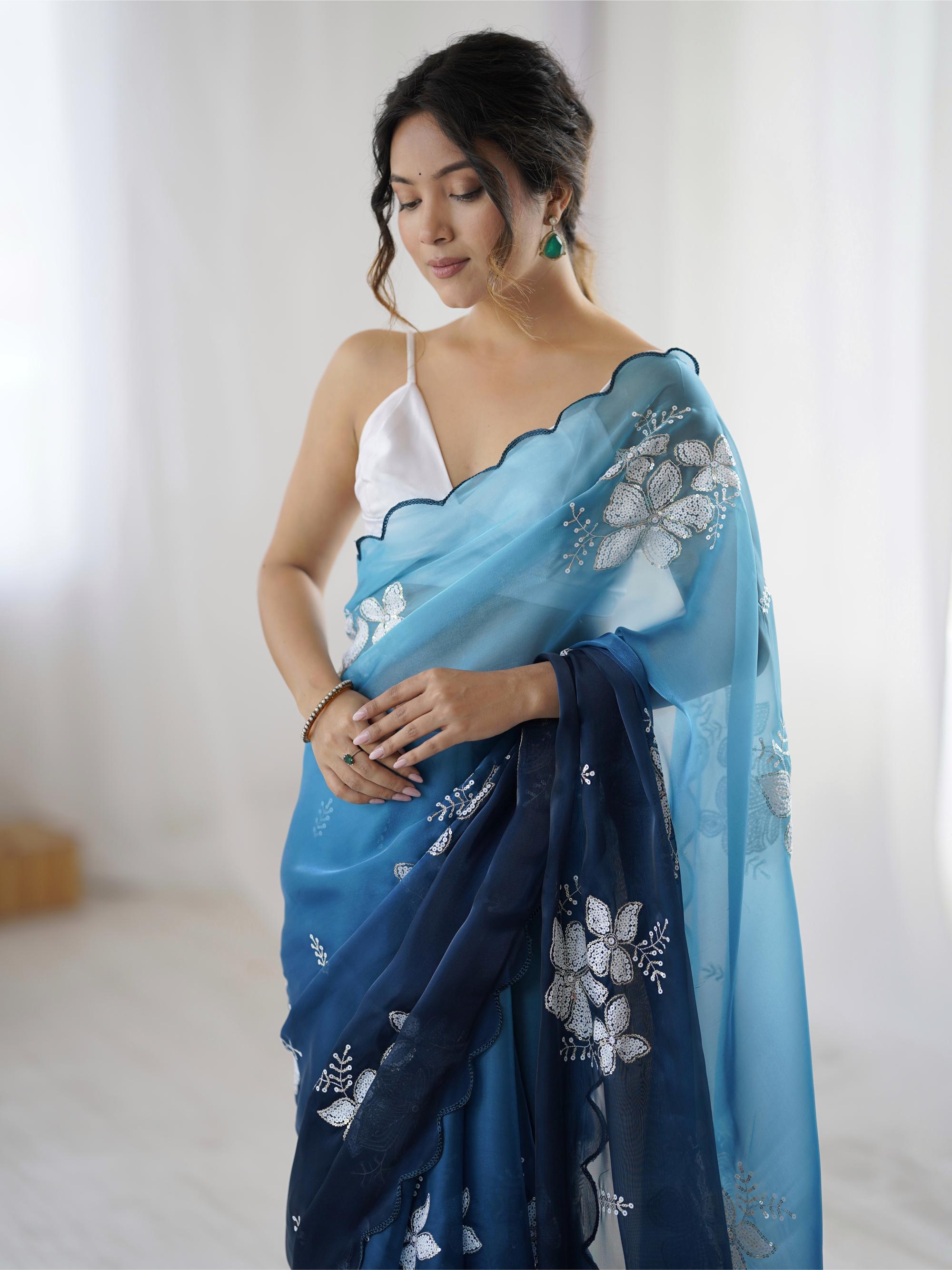 Blue Sequins Embroidered Jimmy Choo Saree