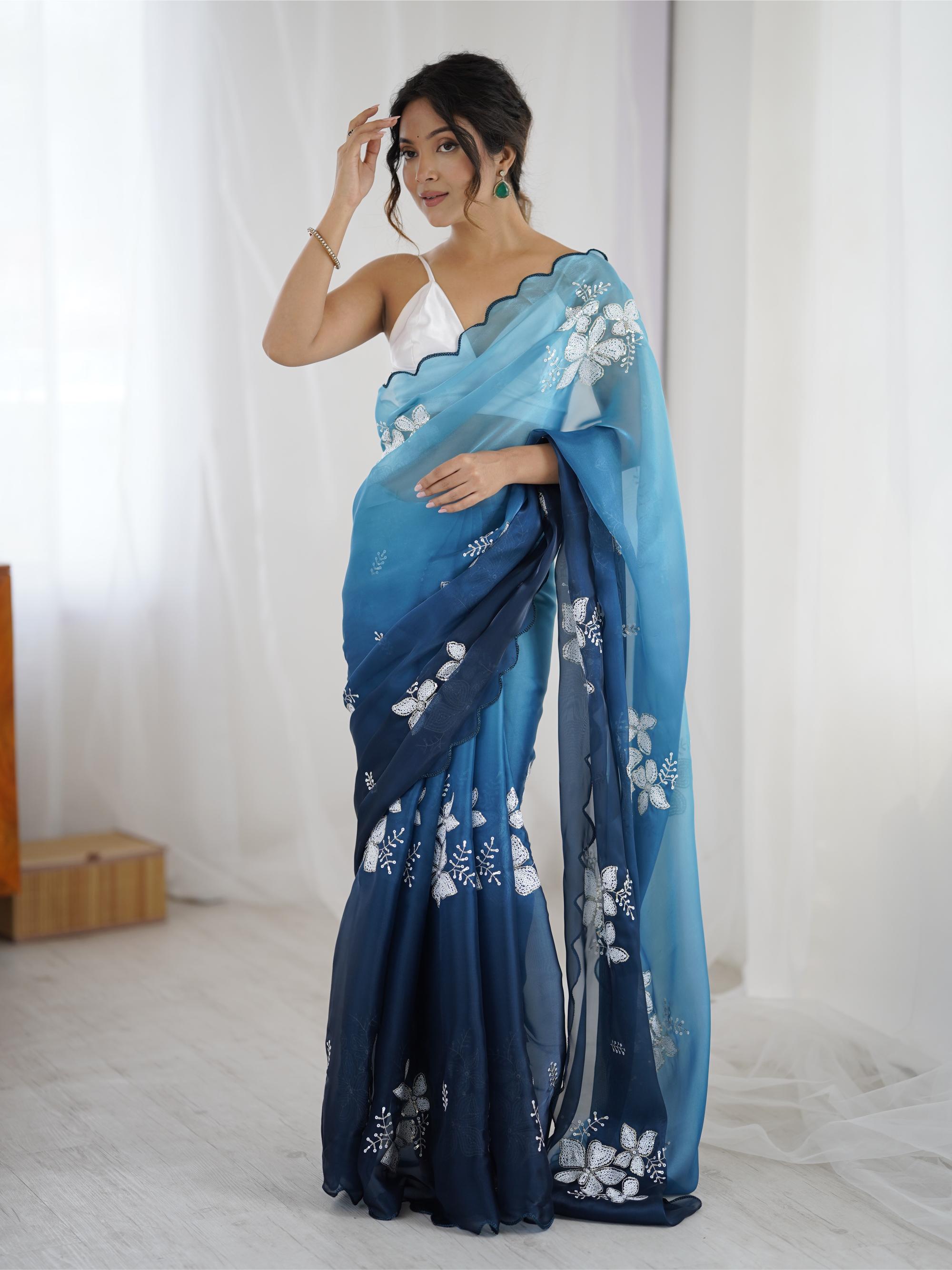 Blue Sequins Embroidered Jimmy Choo Saree