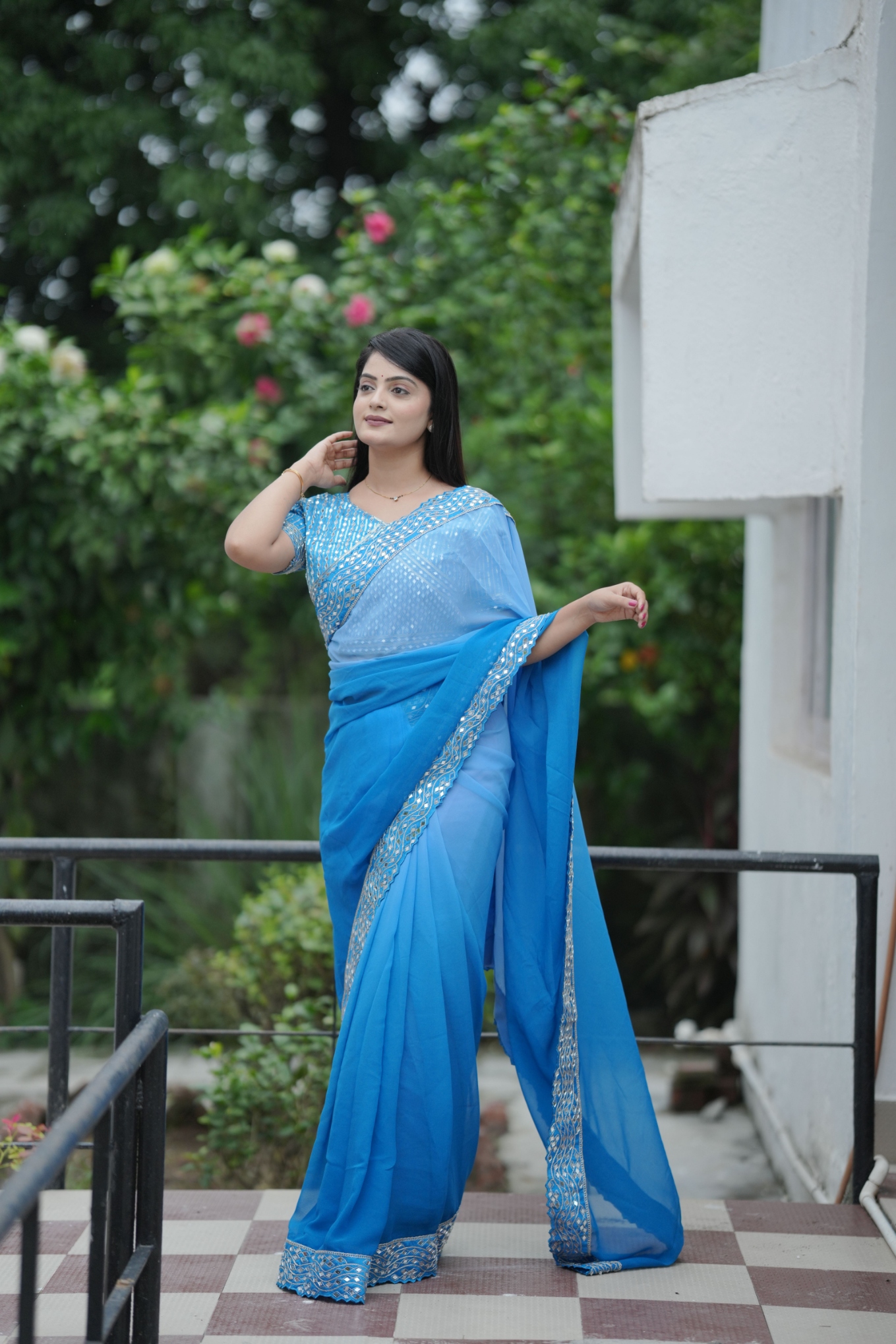 Blue Shaded Mirror Faux Georgette Saree