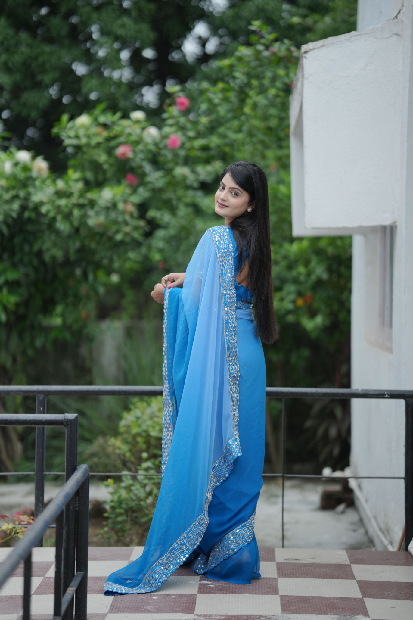Blue Shaded Mirror Faux Georgette Saree — alternate view