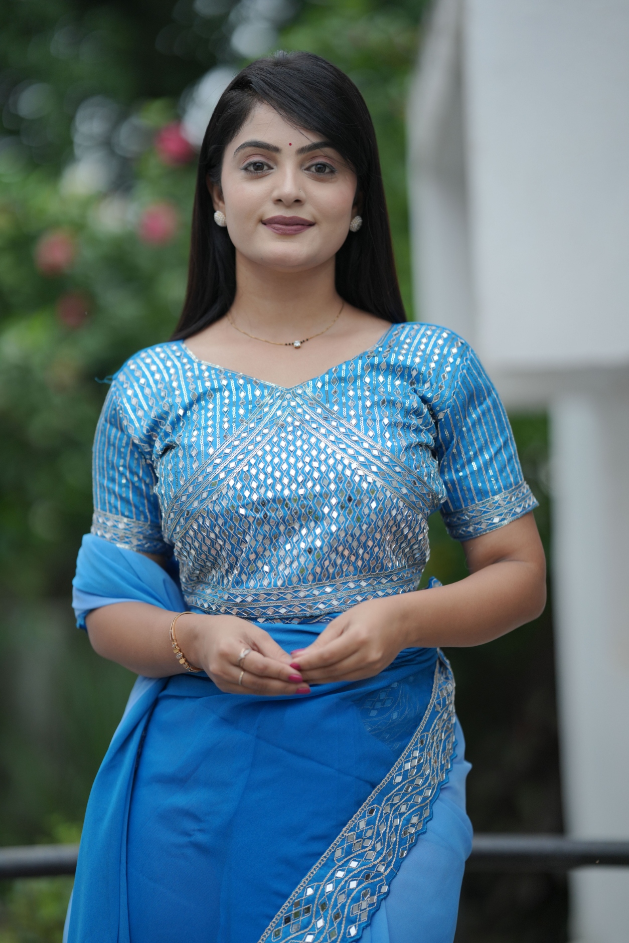 Blue Shaded Mirror Faux Georgette Saree