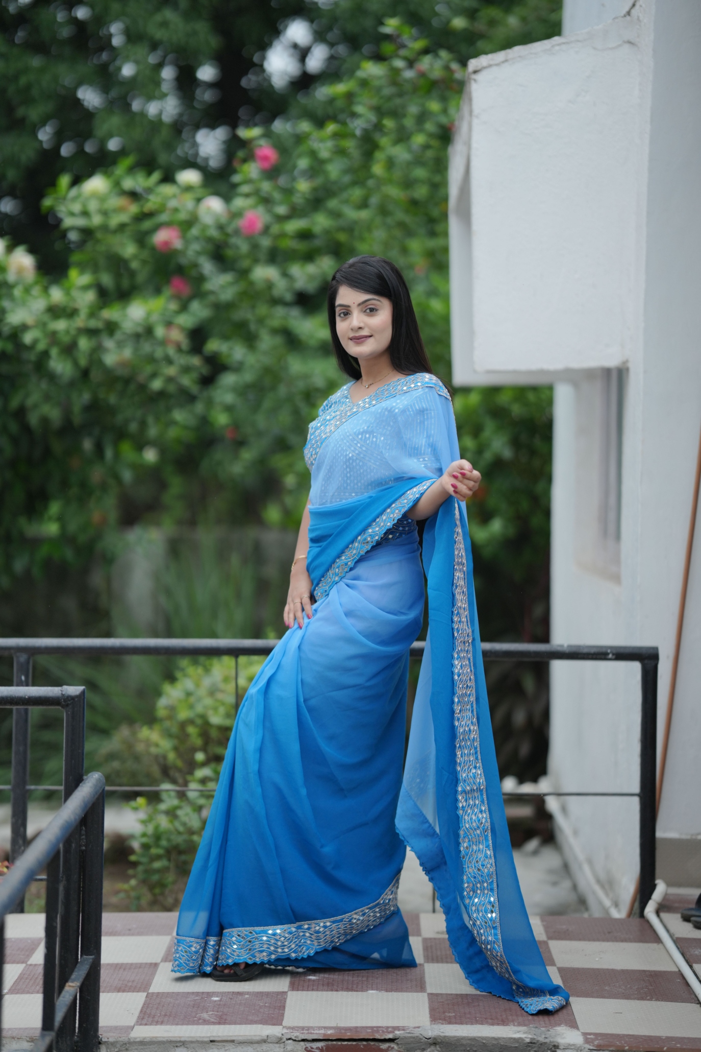 Blue Shaded Mirror Faux Georgette Saree