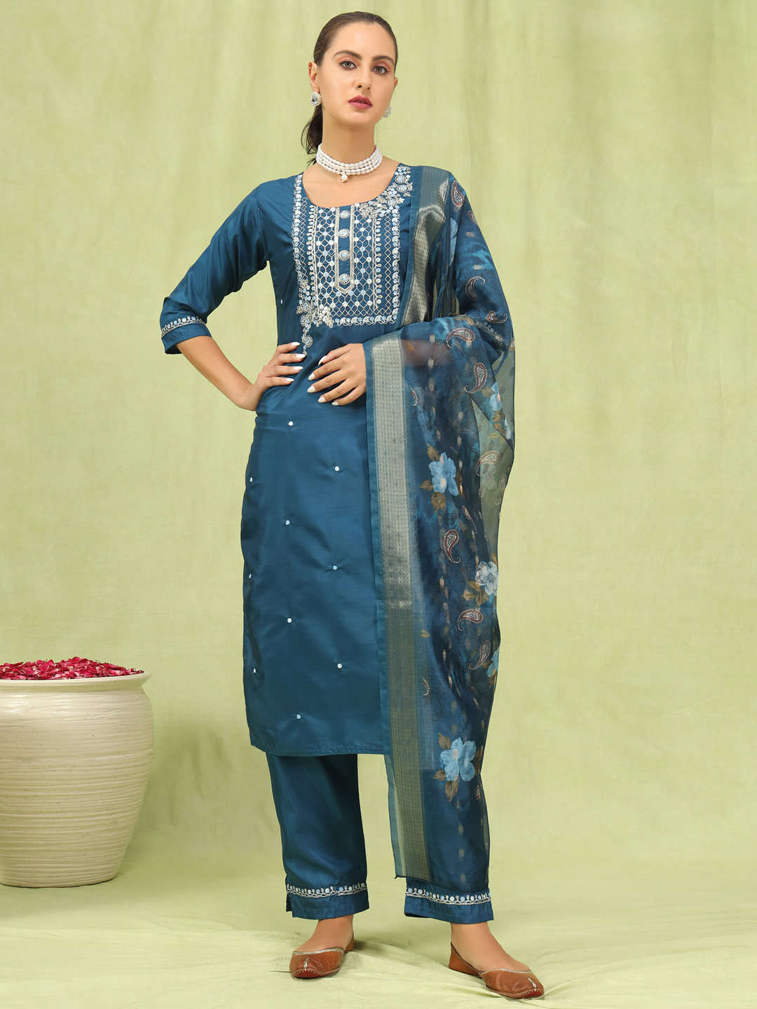 Blue Silk Blend Embroidered Readymade Salwar