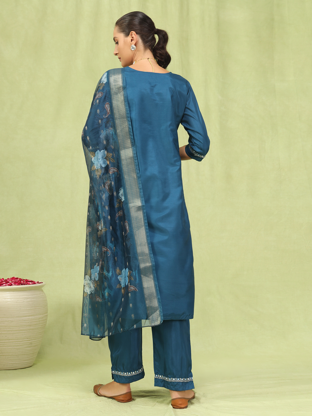 Blue Silk Blend Embroidered Readymade Salwar — alternate view