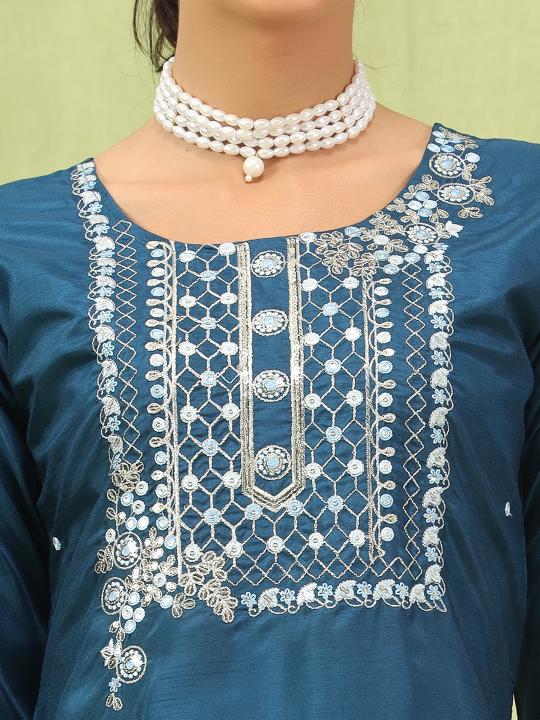 Blue Silk Blend Embroidered Readymade Salwar