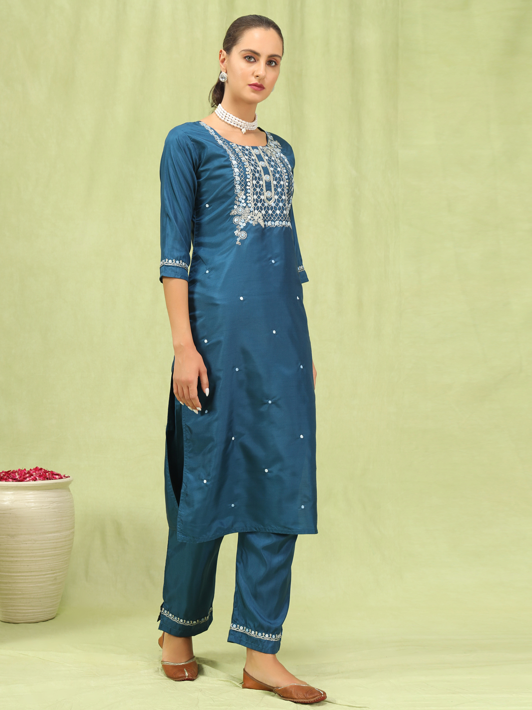 Blue Silk Blend Embroidered Readymade Salwar