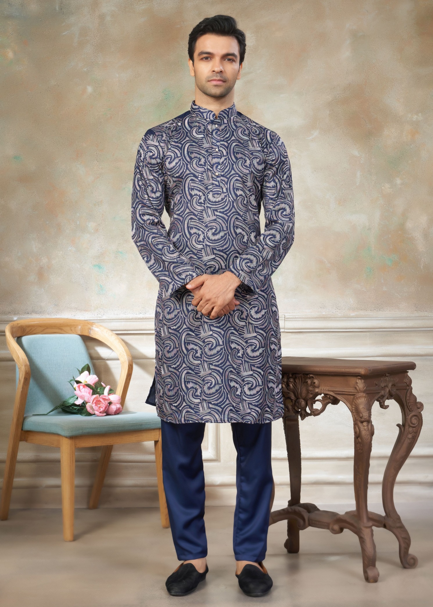 Blue Silk Designer Embroidered Kurta Pyjama