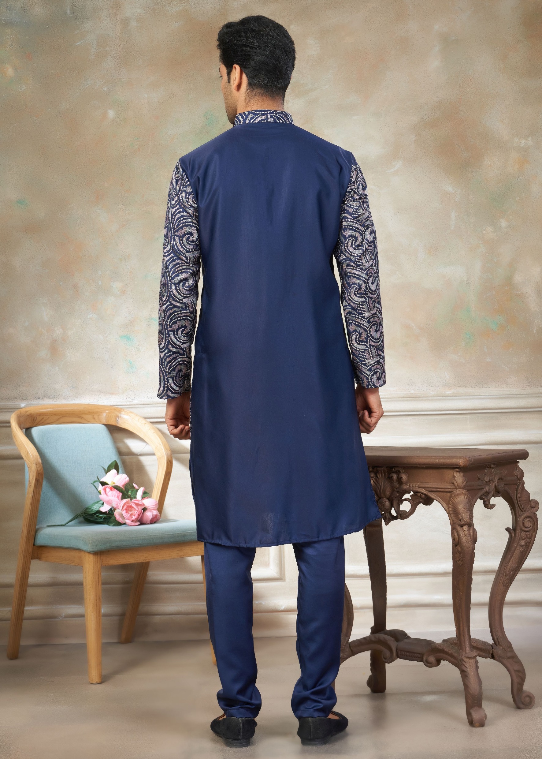 Blue Silk Designer Embroidered Kurta Pyjama — alternate view