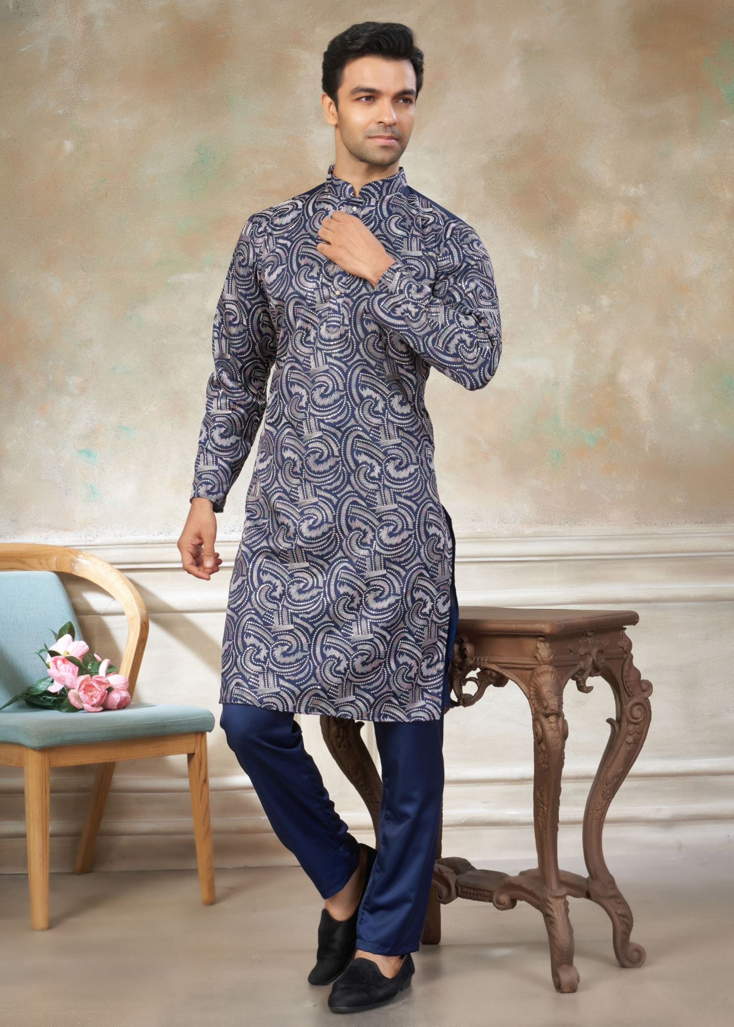 Blue Silk Designer Embroidered Kurta Pyjama