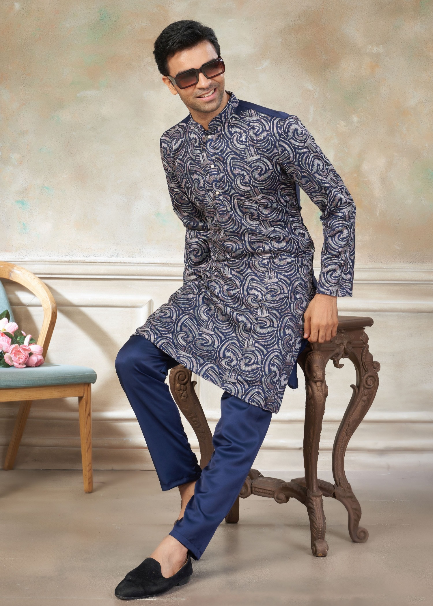 Blue Silk Designer Embroidered Kurta Pyjama