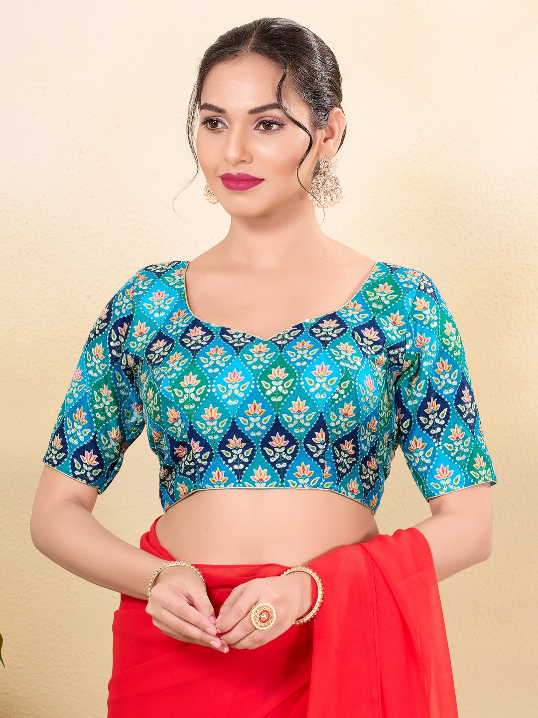 Blue Silk Printed Fitted Blouse