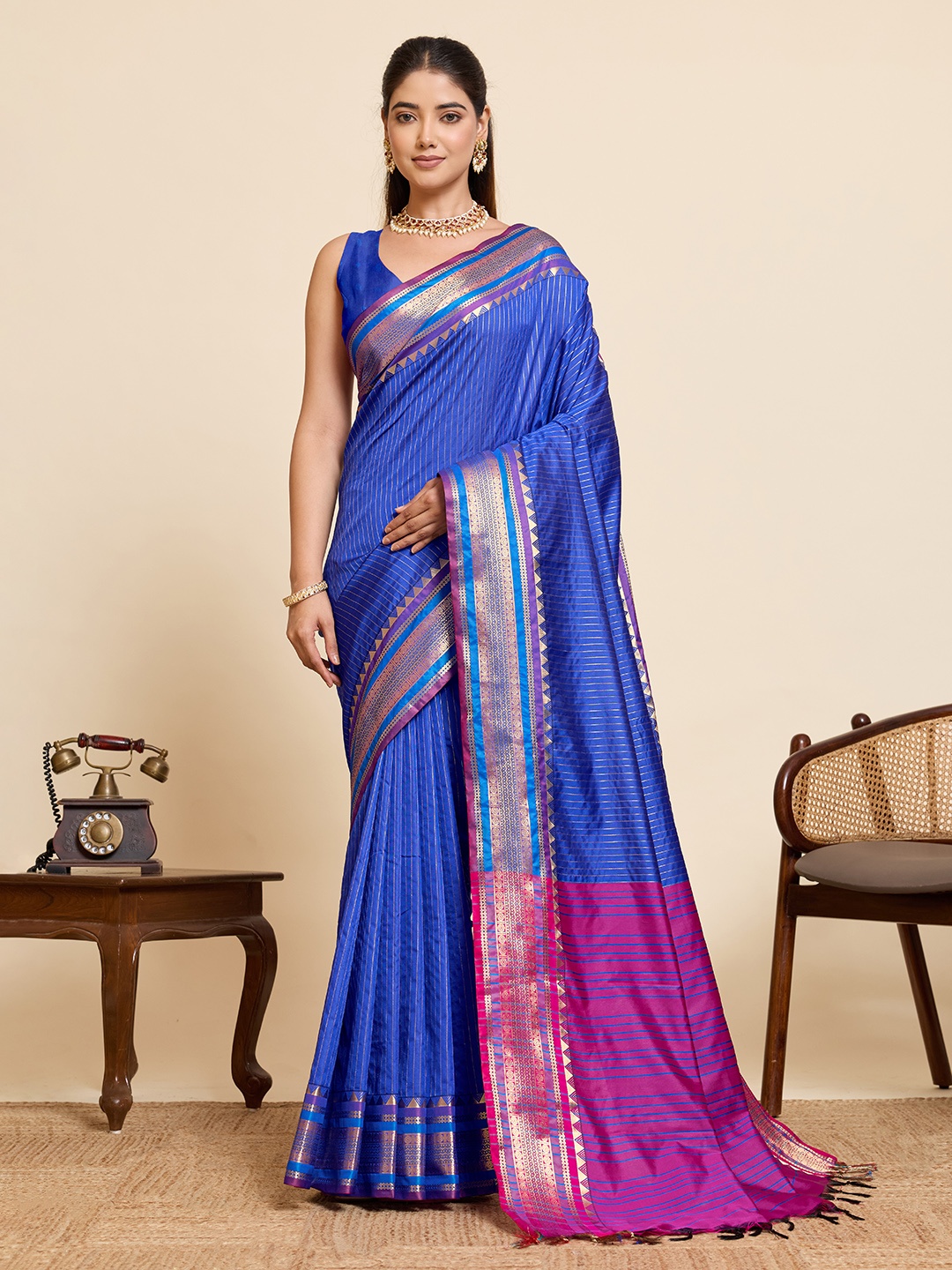 Blue Silk Zari Border Woven Designer Saree