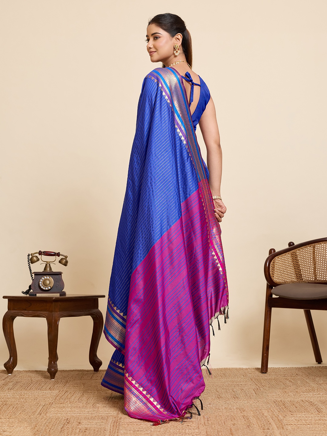 Blue Silk Zari Border Woven Designer Saree — alternate view