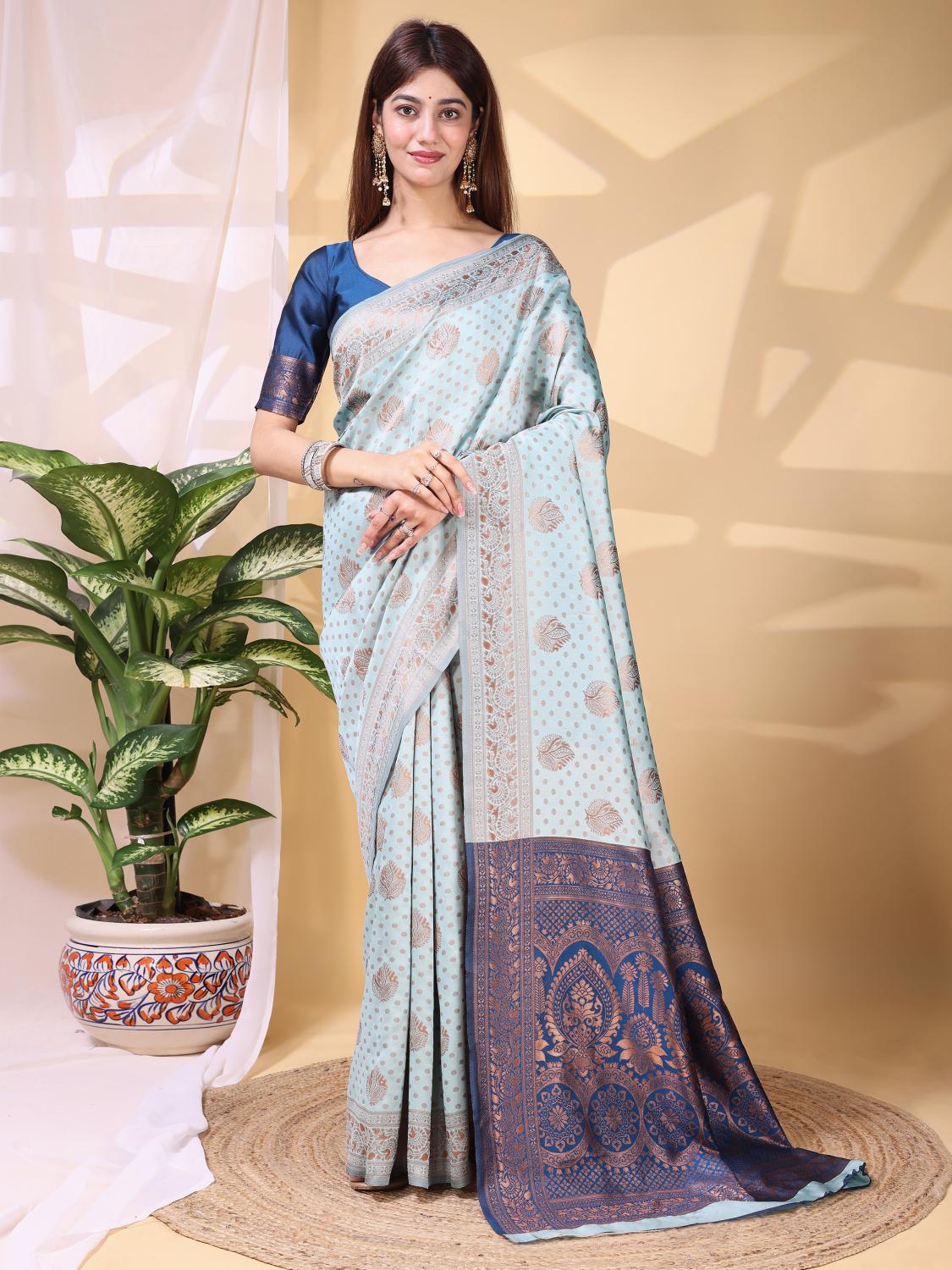 Blue Sky Blue Lichi Silk Zari Work Saree