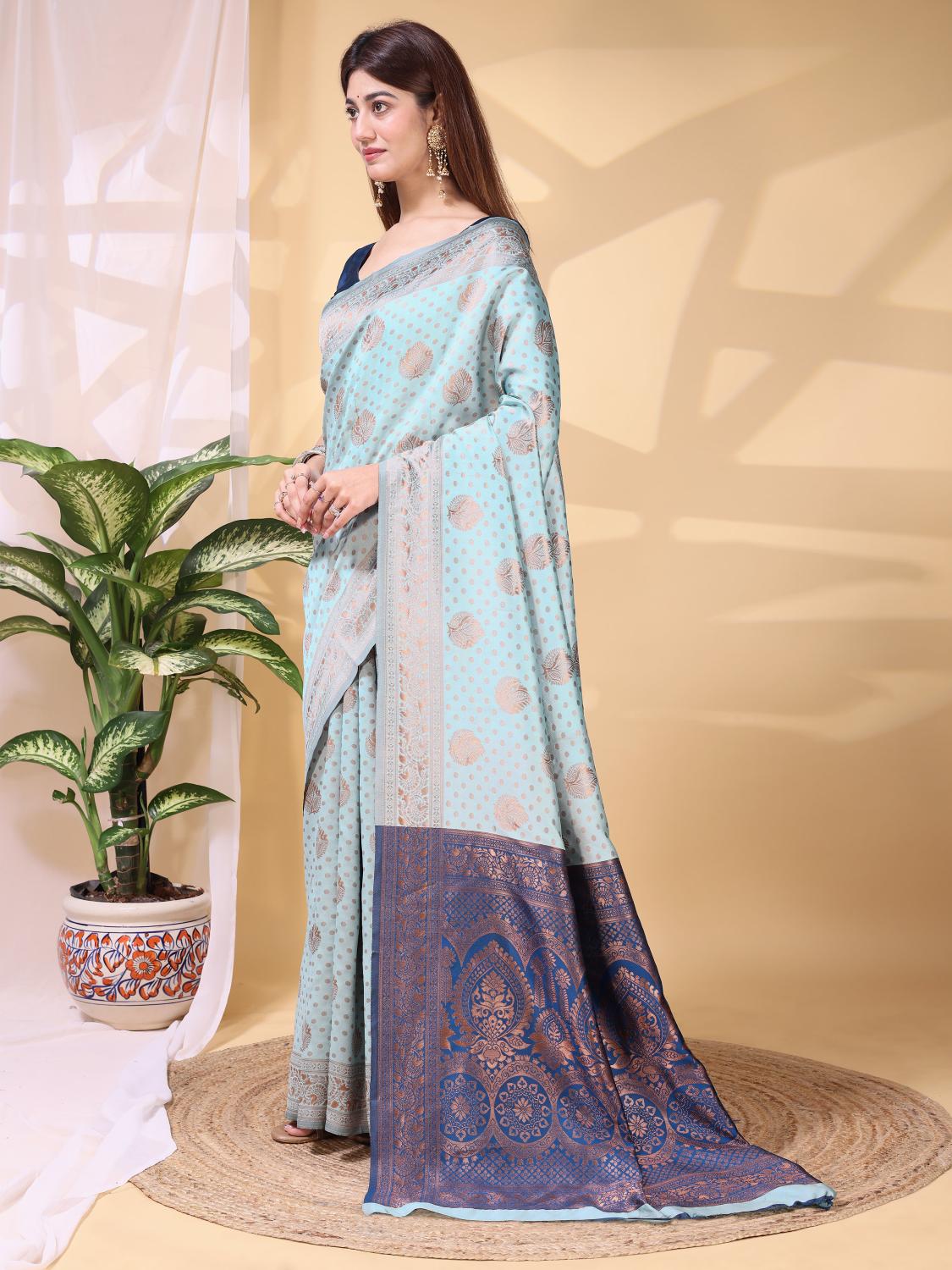 Blue Sky Blue Lichi Silk Zari Work Saree