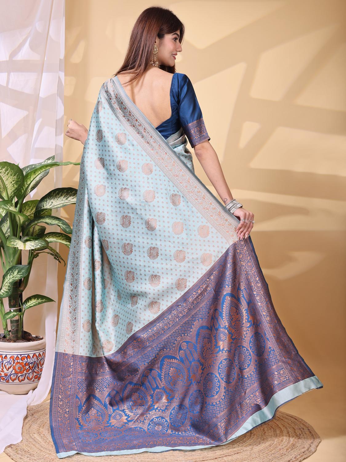 Blue Sky Blue Lichi Silk Zari Work Saree