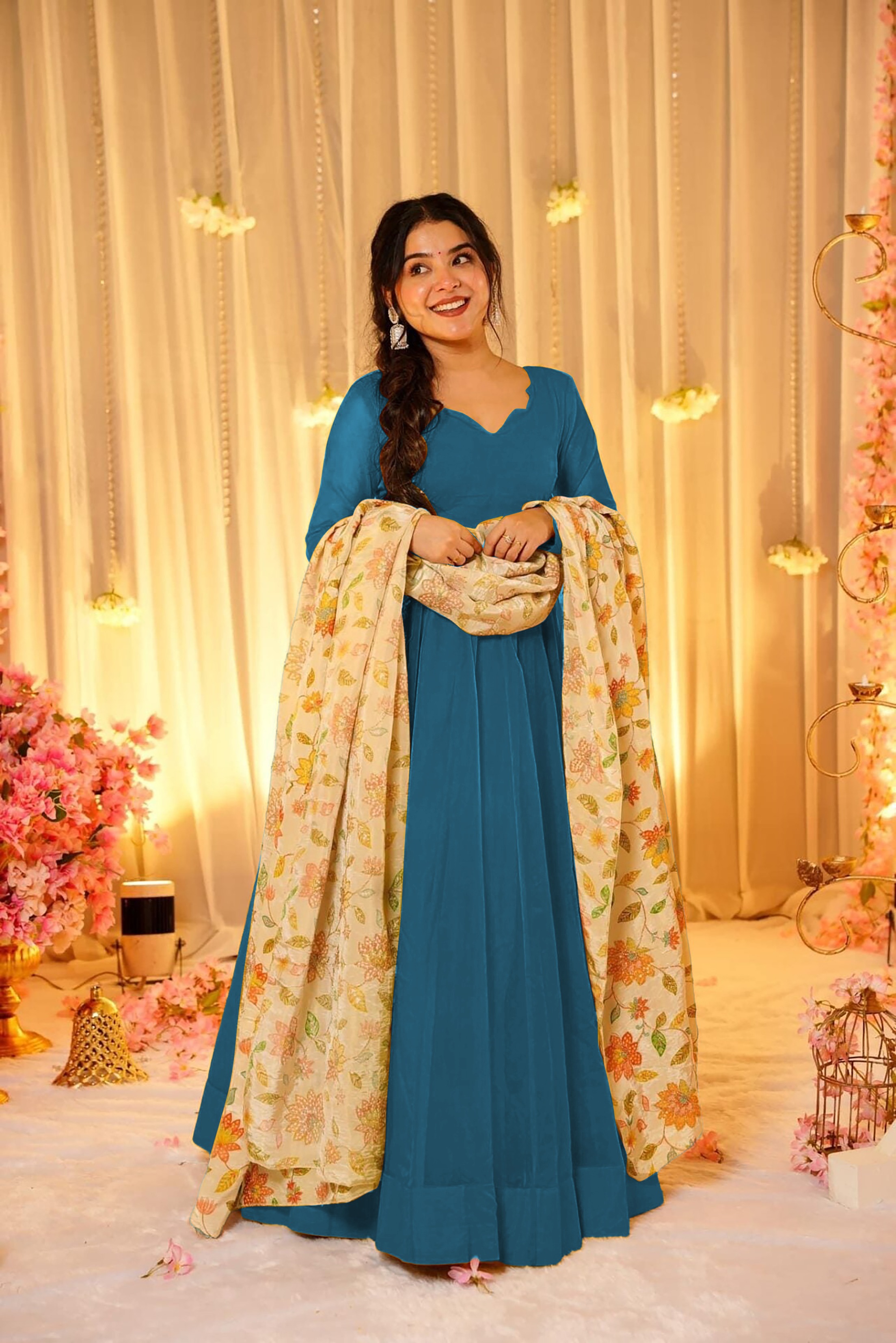 Blue Soft Silk Readymade Gown