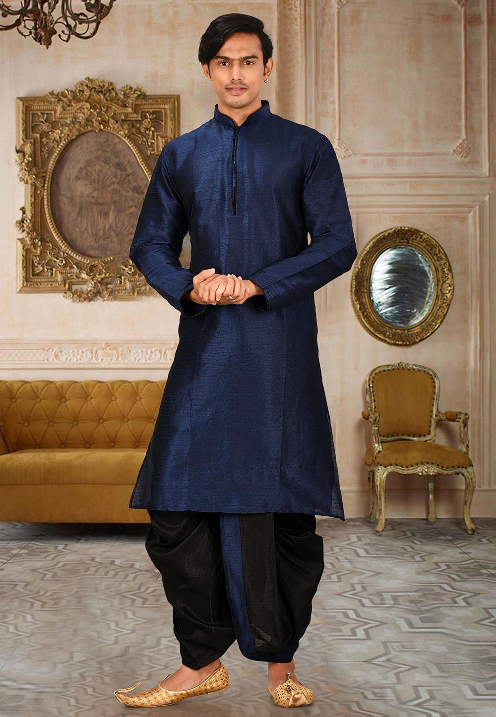 Blue Solid Art Silk Minimal Kurta Dhoti Set
