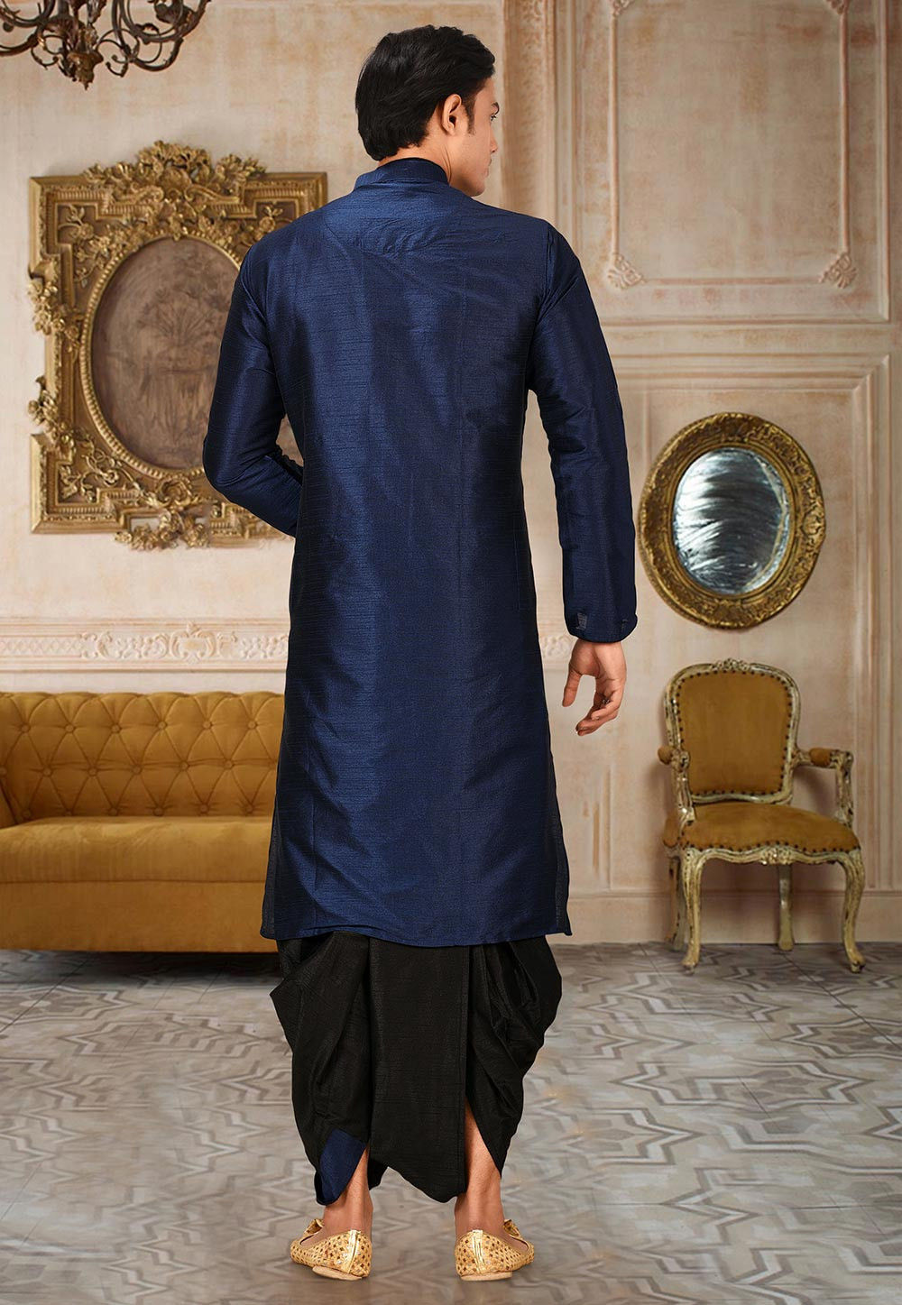 Blue Solid Art Silk Minimal Kurta Dhoti Set — alternate view
