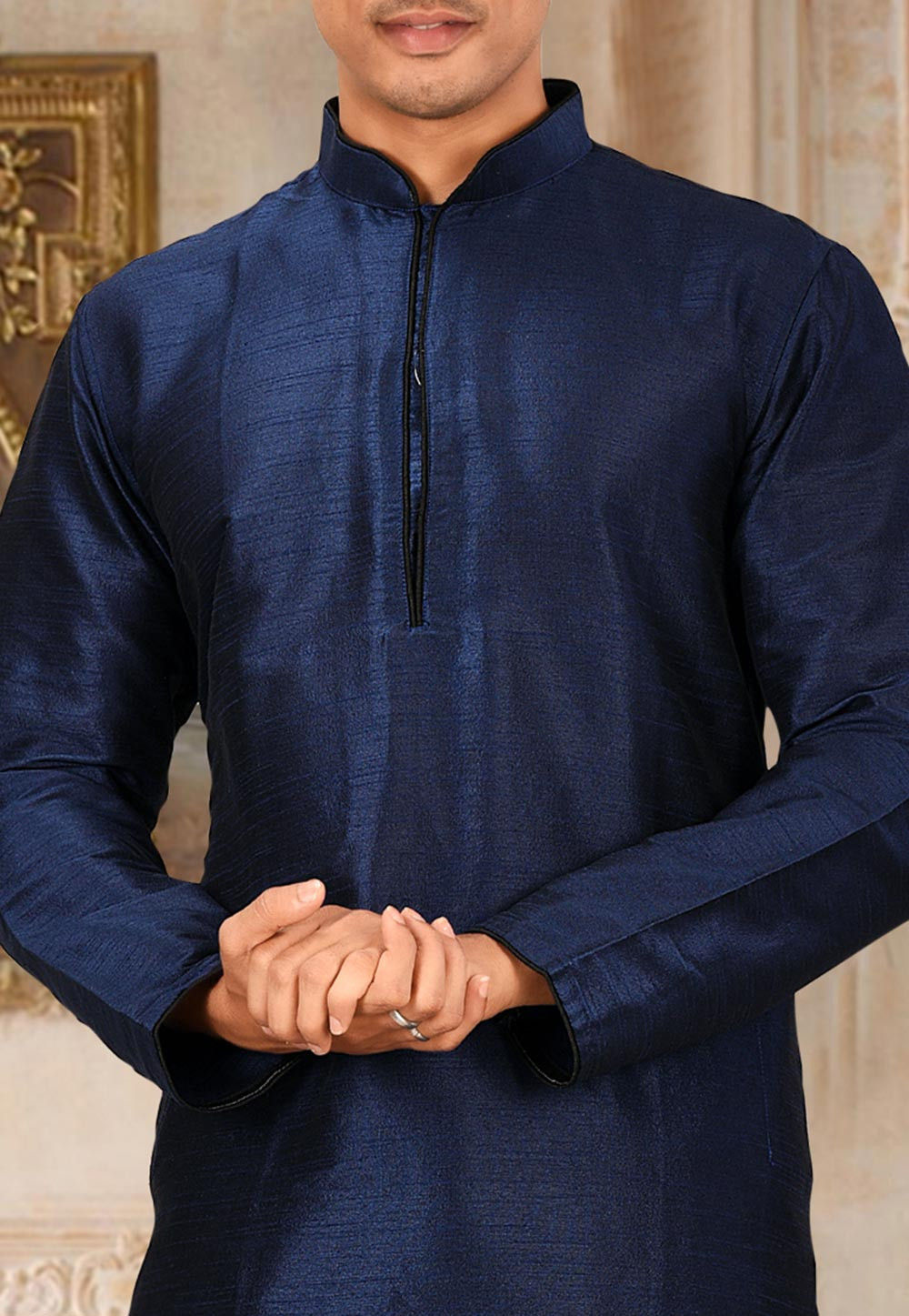 Blue Solid Art Silk Minimal Kurta Dhoti Set