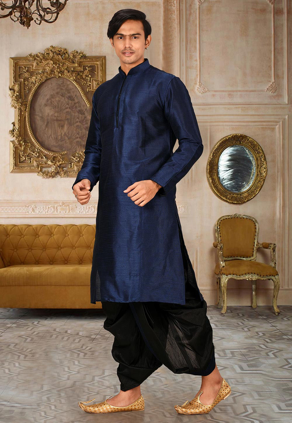 Blue Solid Art Silk Minimal Kurta Dhoti Set