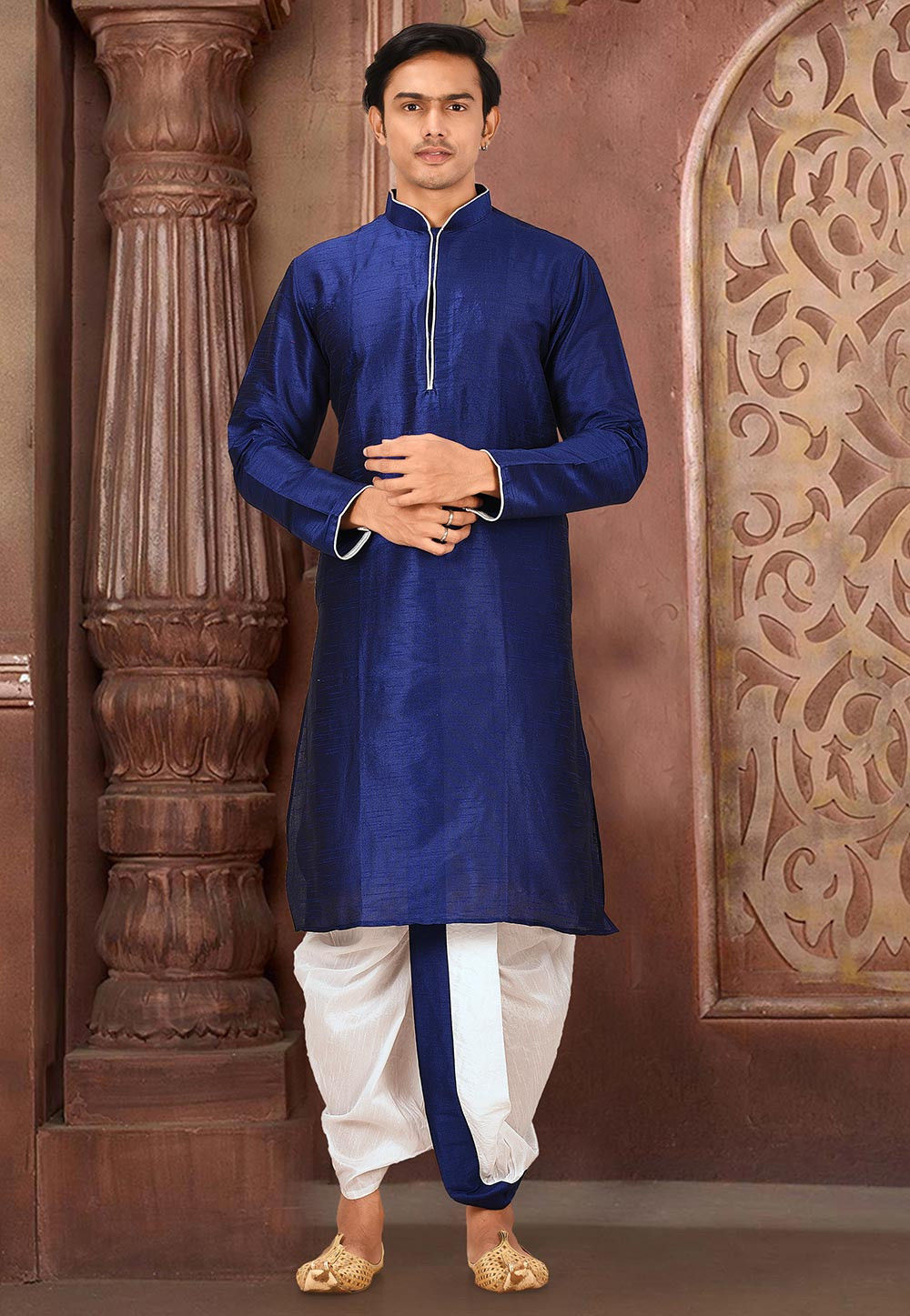 Blue Solid Art Silk Modern Kurta Dhoti Set