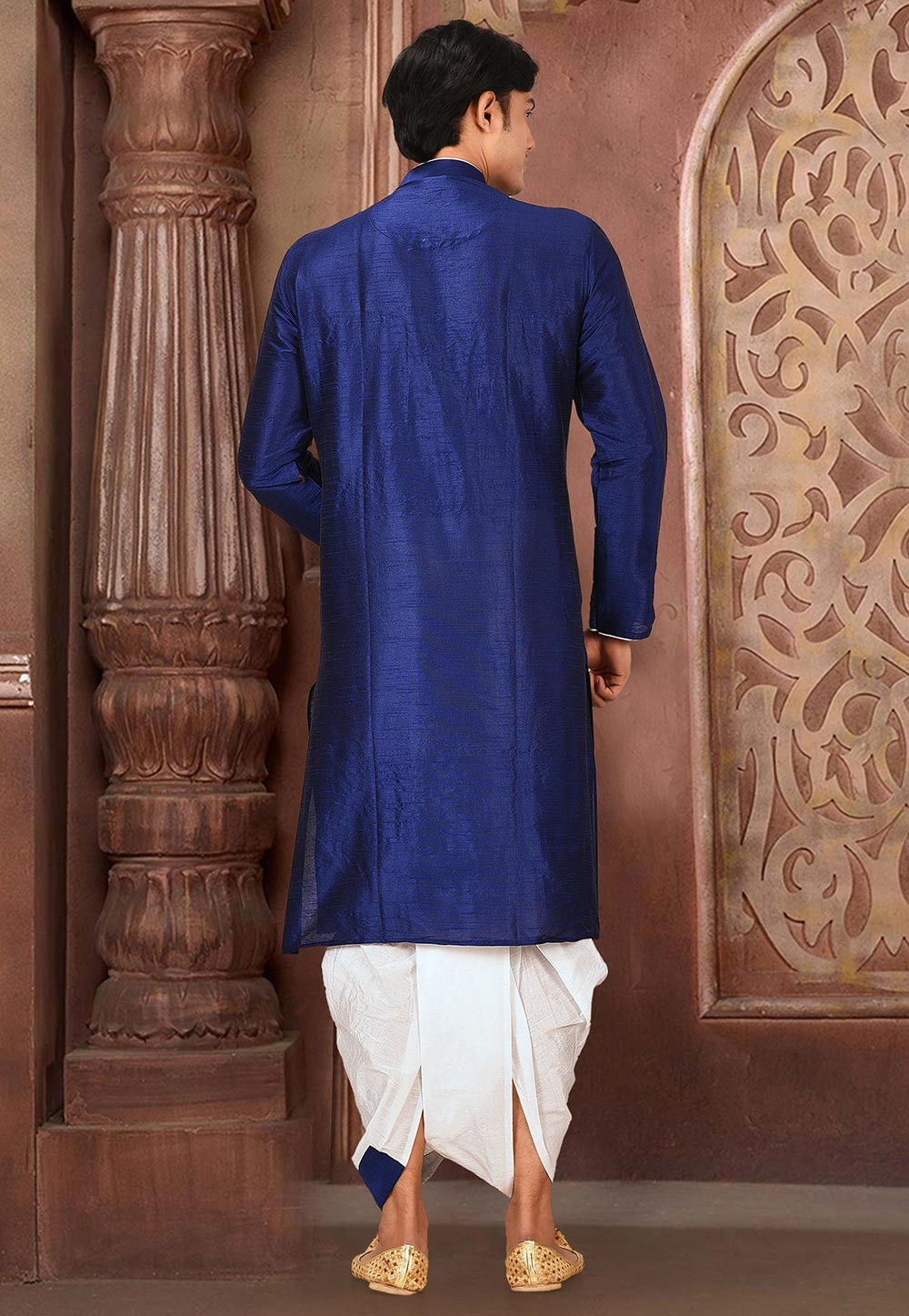 Blue Solid Art Silk Modern Kurta Dhoti Set — alternate view