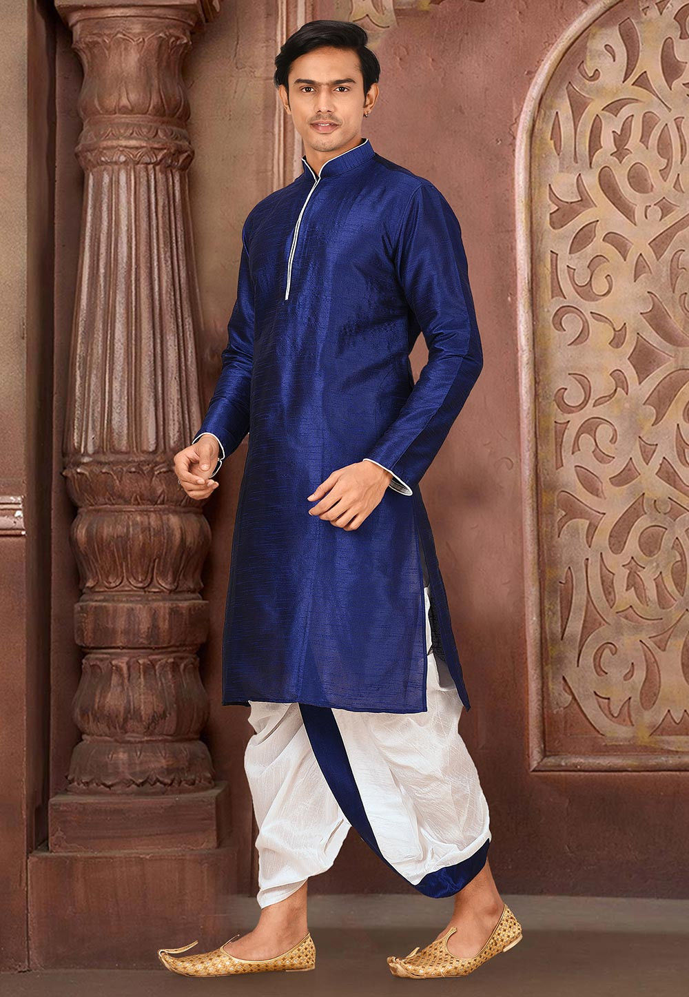 Blue Solid Art Silk Modern Kurta Dhoti Set