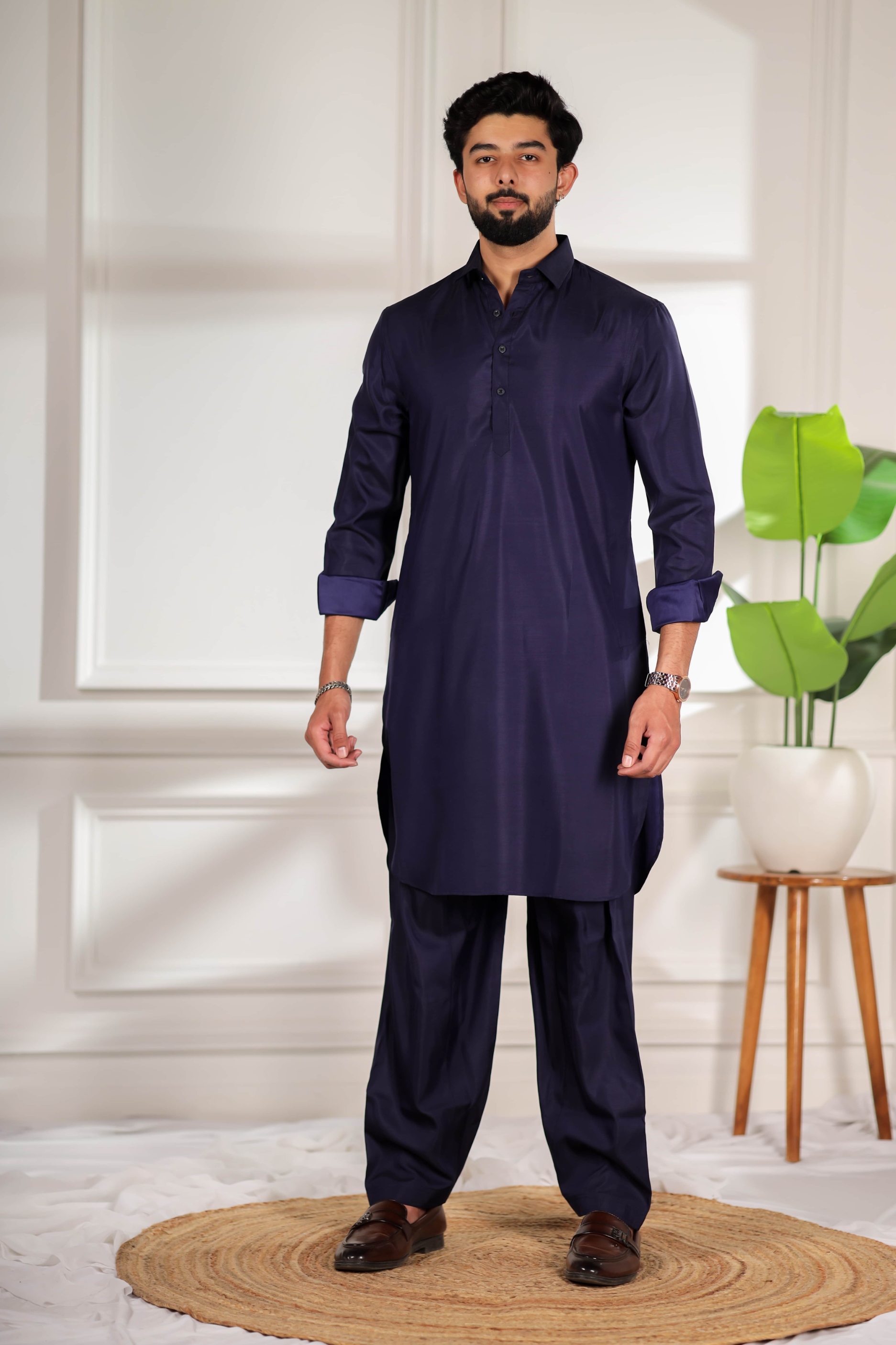 Blue Solid Minimal Cotton Satin Pathani Kurta Pyjama