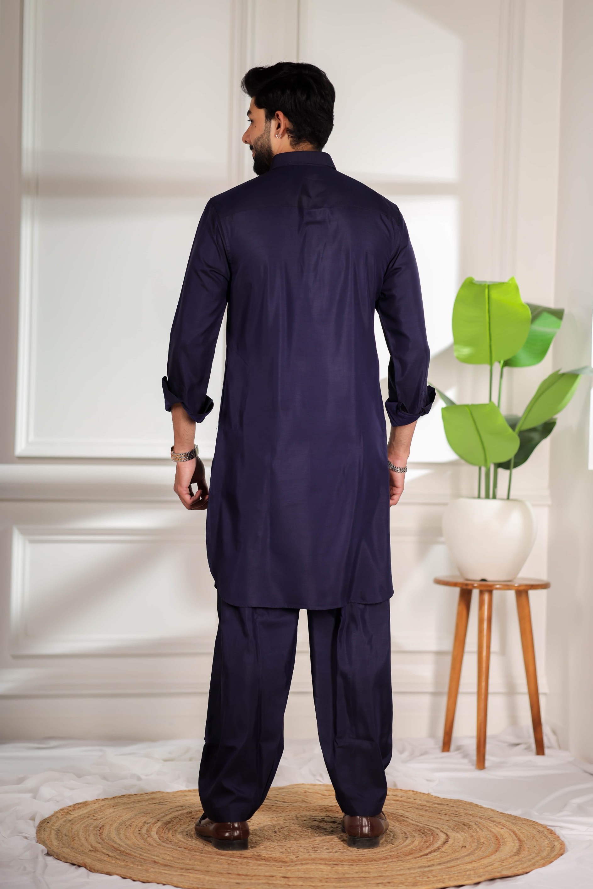 Blue Solid Minimal Cotton Satin Pathani Kurta Pyjama — alternate view