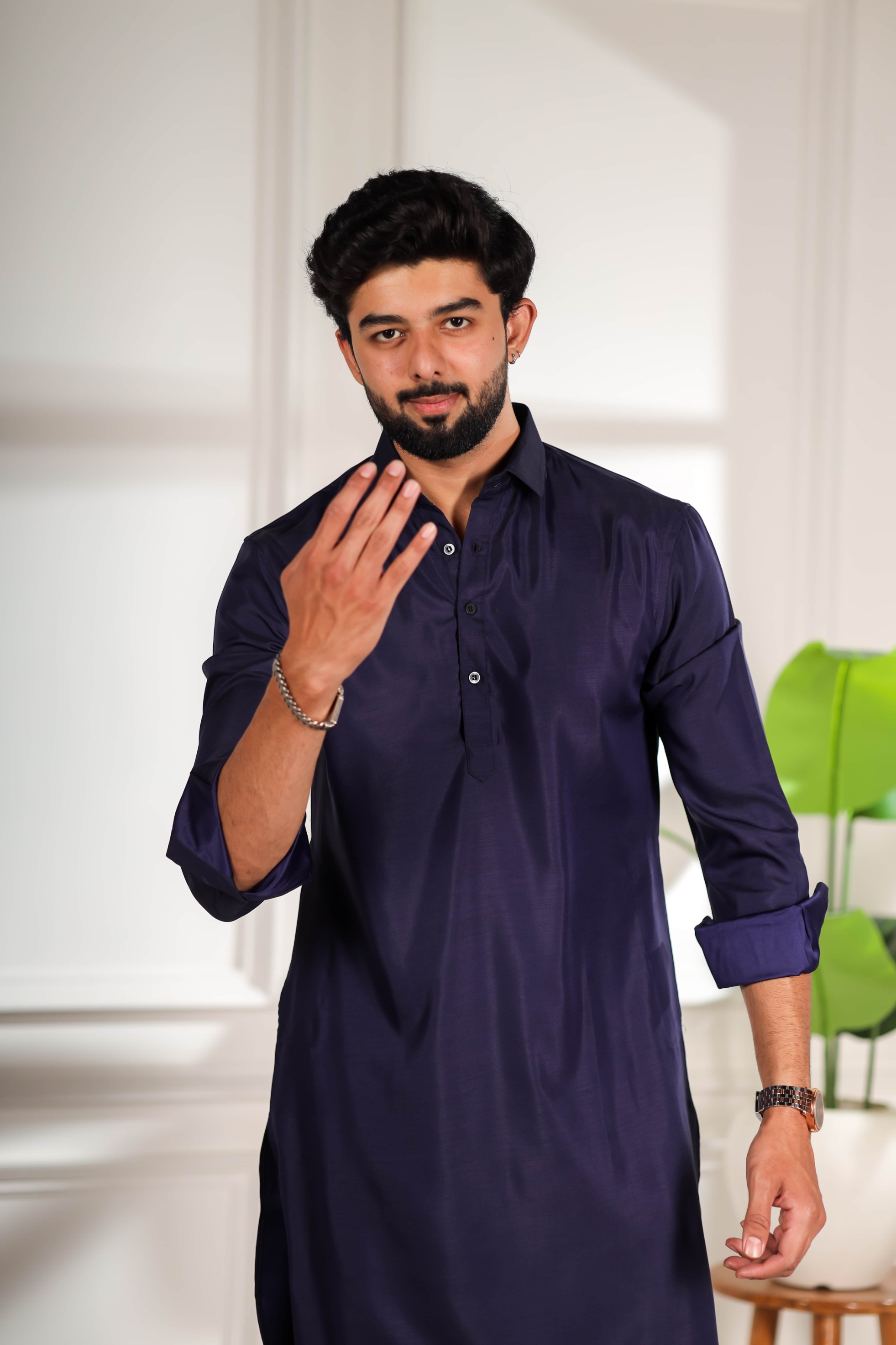 Blue Solid Minimal Cotton Satin Pathani Kurta Pyjama