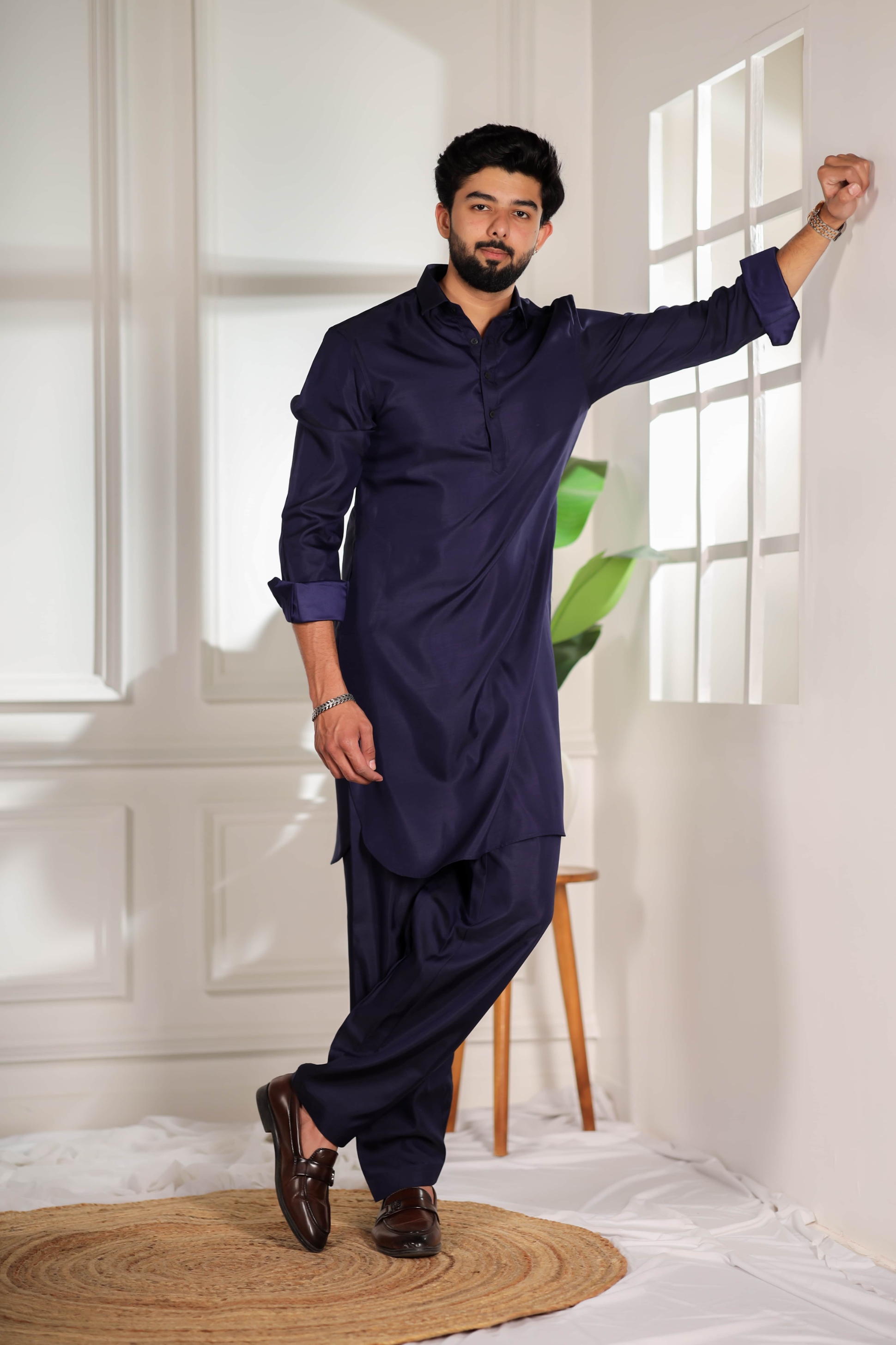 Blue Solid Minimal Cotton Satin Pathani Kurta Pyjama
