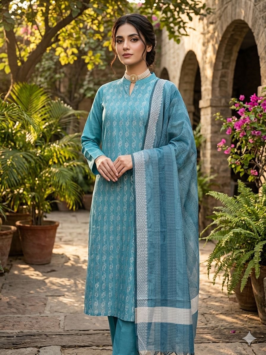 Blue Striped Weaving Cotton Straight Salwar Suit