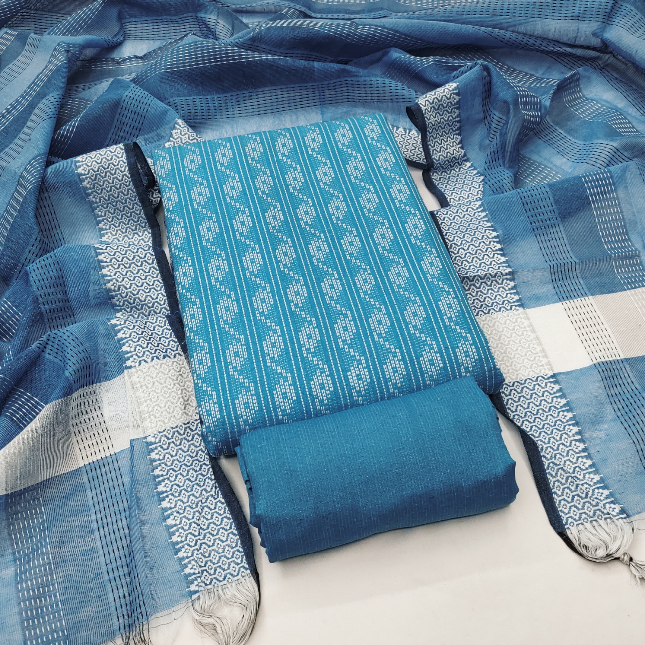 Blue Striped Weaving Cotton Straight Salwar Suit