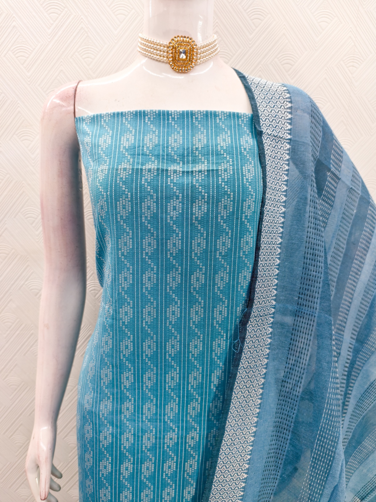 Blue Striped Weaving Cotton Straight Salwar Suit